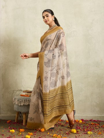Cream Floral Printed Cotton Blend Ready to Wear Saree