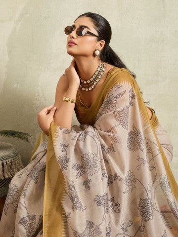 Cream Floral Printed Cotton Blend Ready to Wear Saree