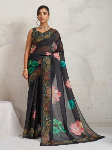 Black Floral Printed Cotton Blend Party Wear Saree