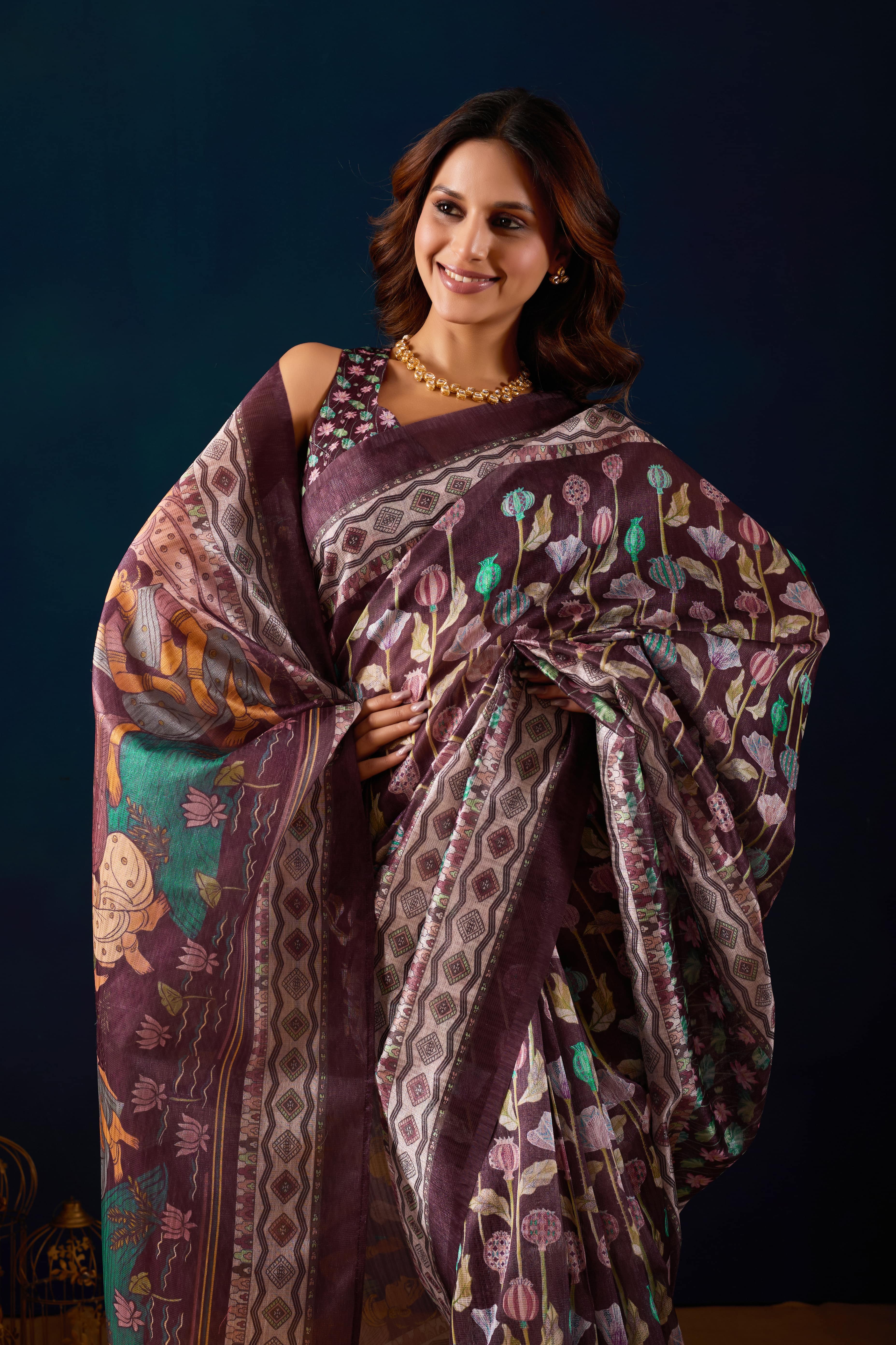 Purple Jute Silk Ethnic Motifs Printed Ready to Wear Saree
