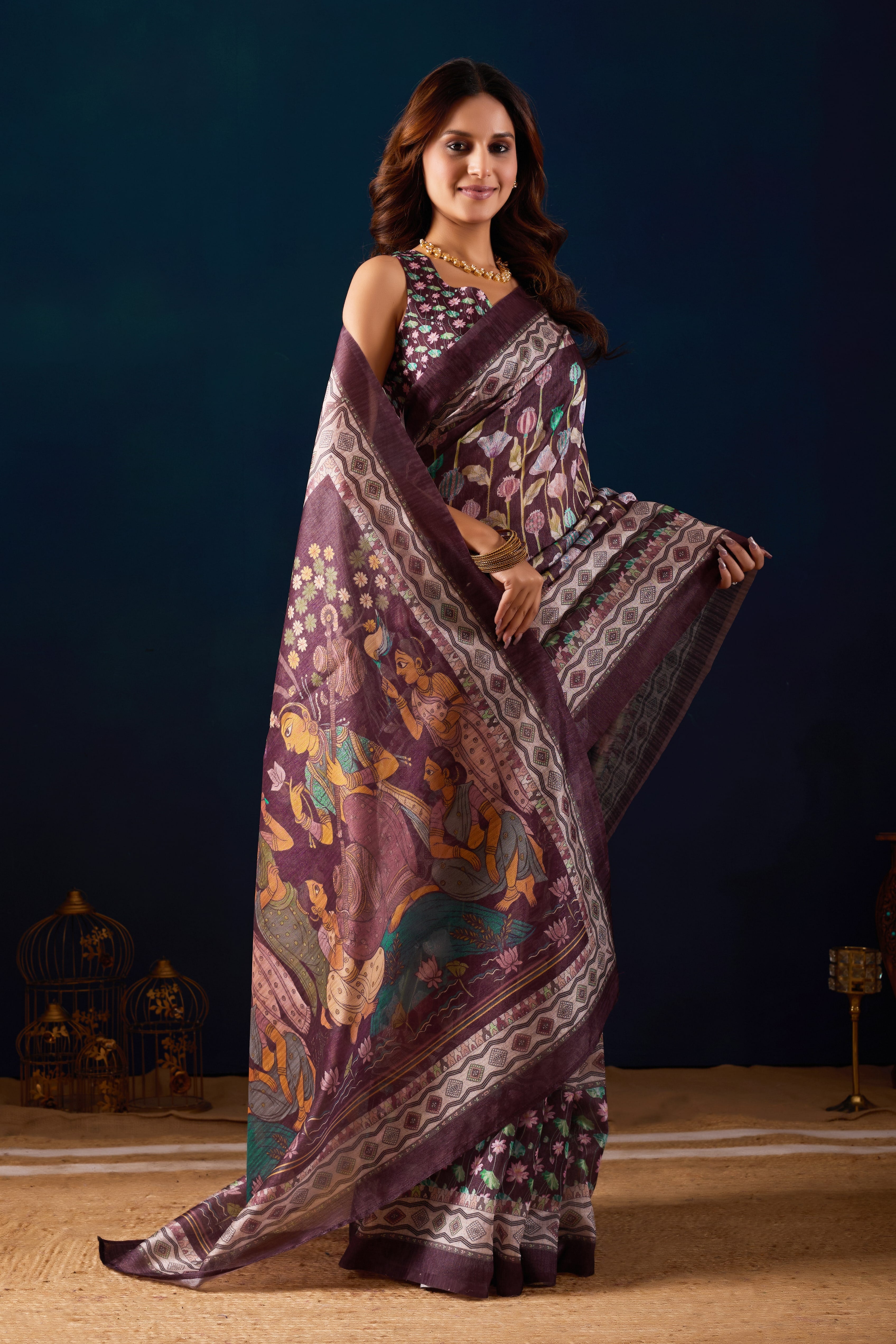 Purple Jute Silk Ethnic Motifs Printed Ready to Wear Saree