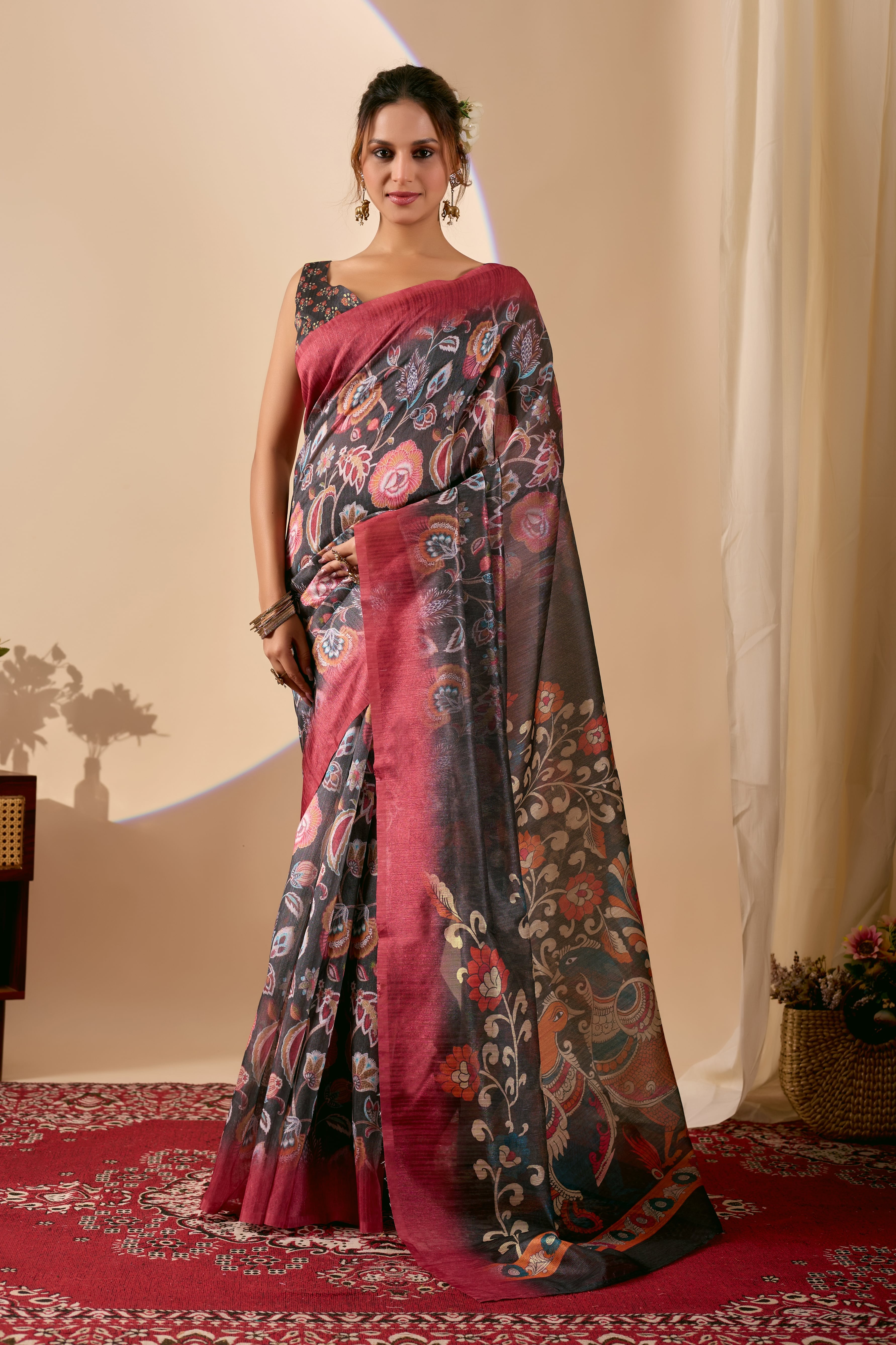 Olive Printed Poly Chiffon Ready Saree