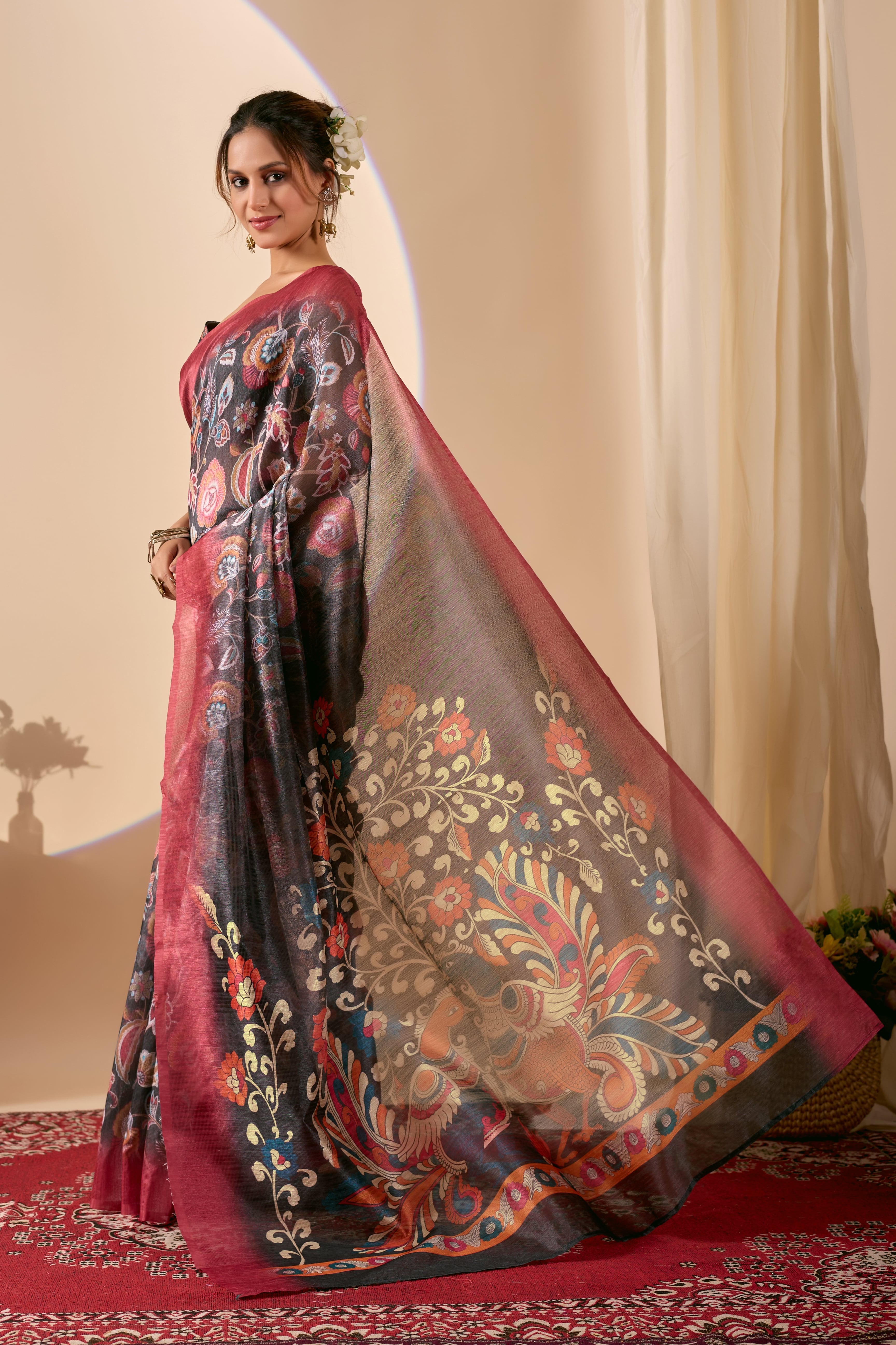 Olive Printed Poly Chiffon Ready Saree