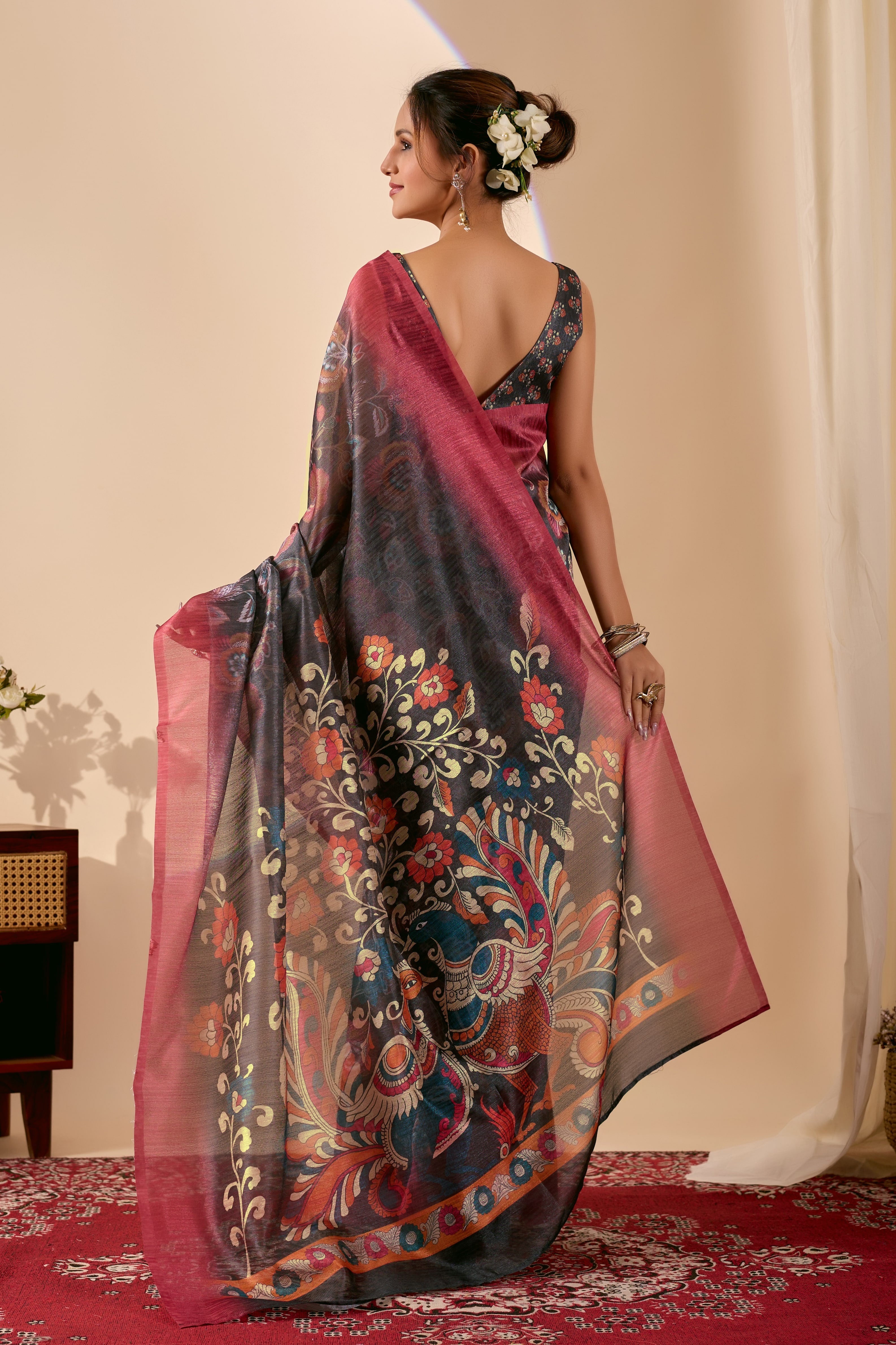 Olive Printed Poly Chiffon Ready Saree