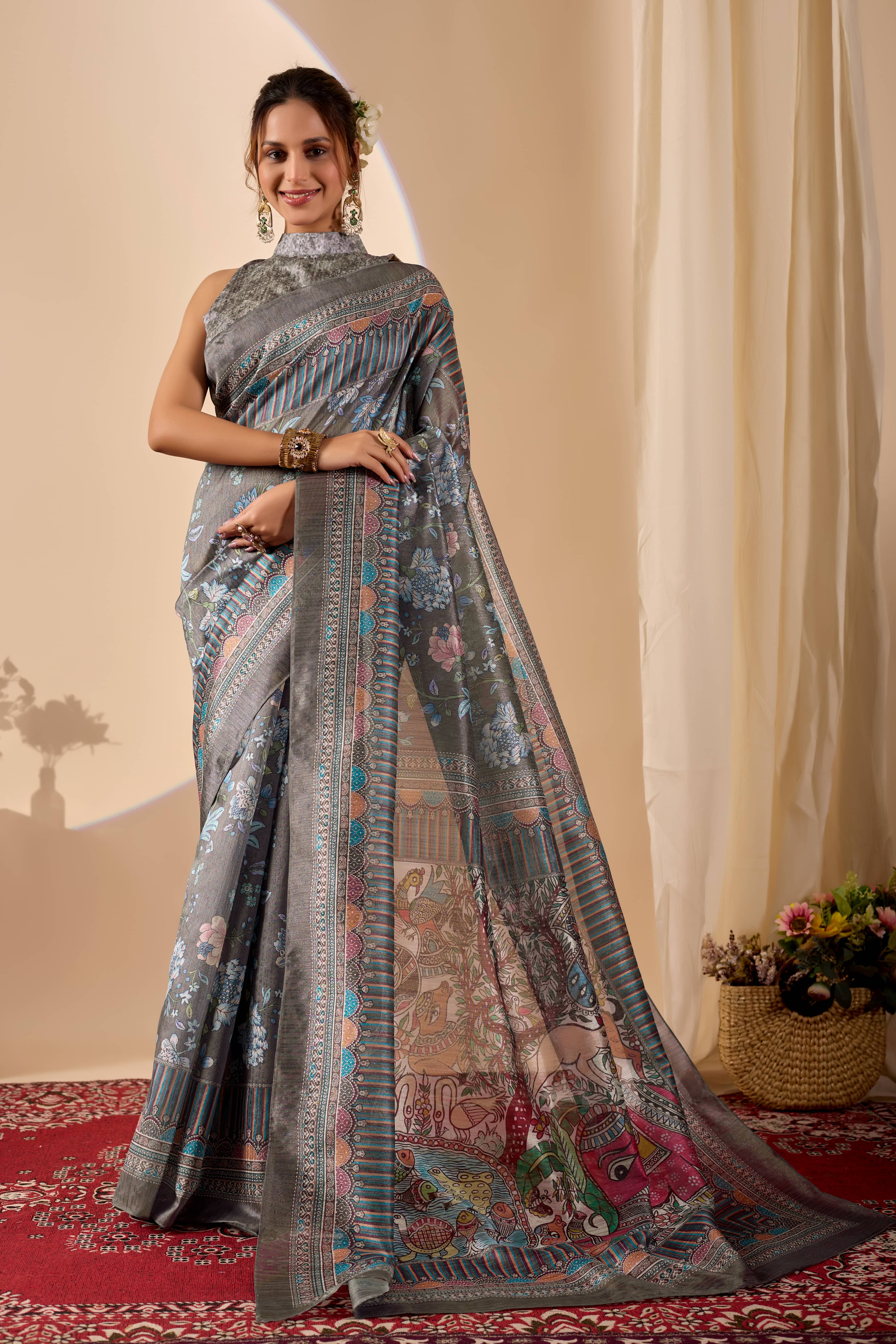 Grey Poly Chiffon Ready to Wear Saree