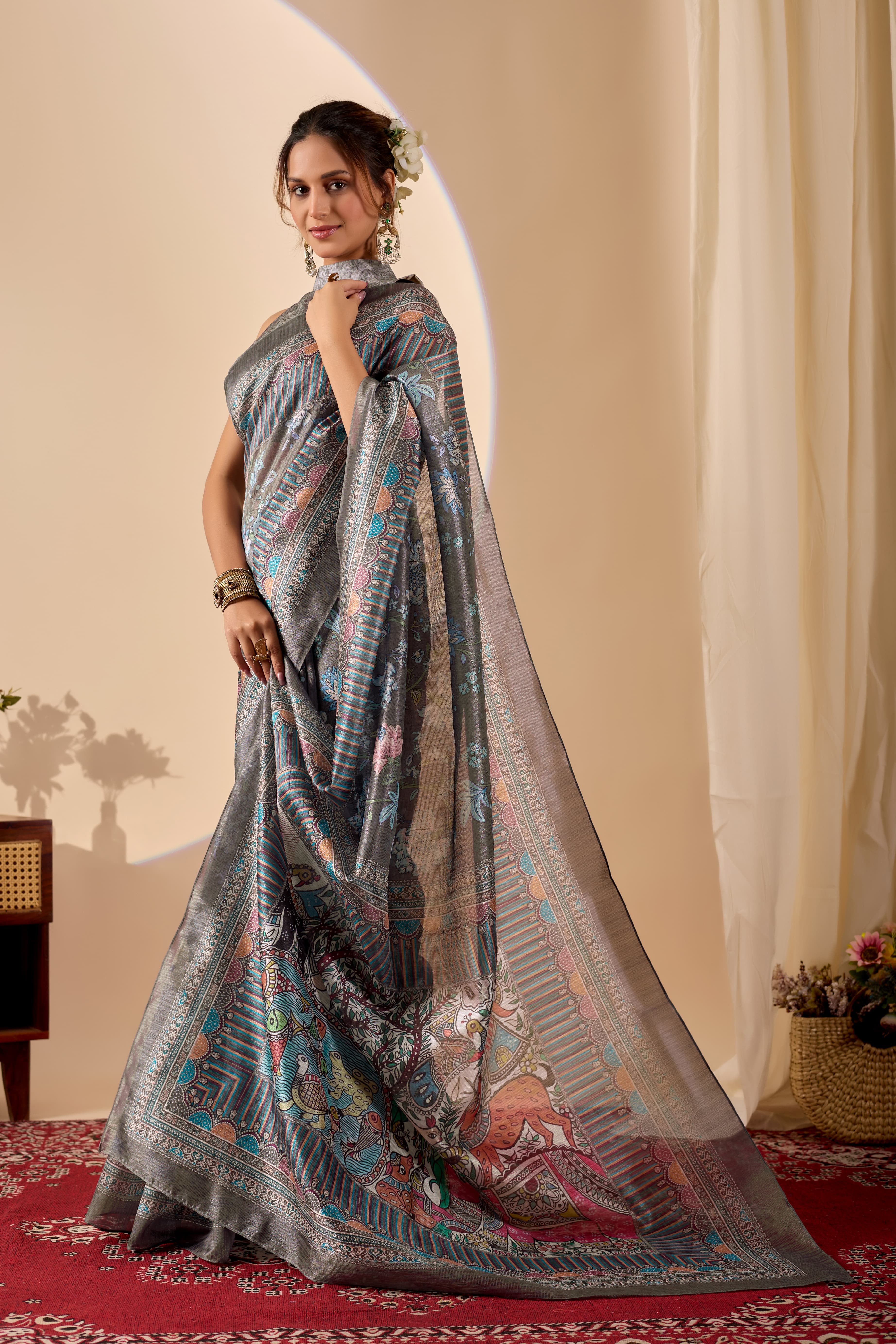 Grey Poly Chiffon Ready to Wear Saree