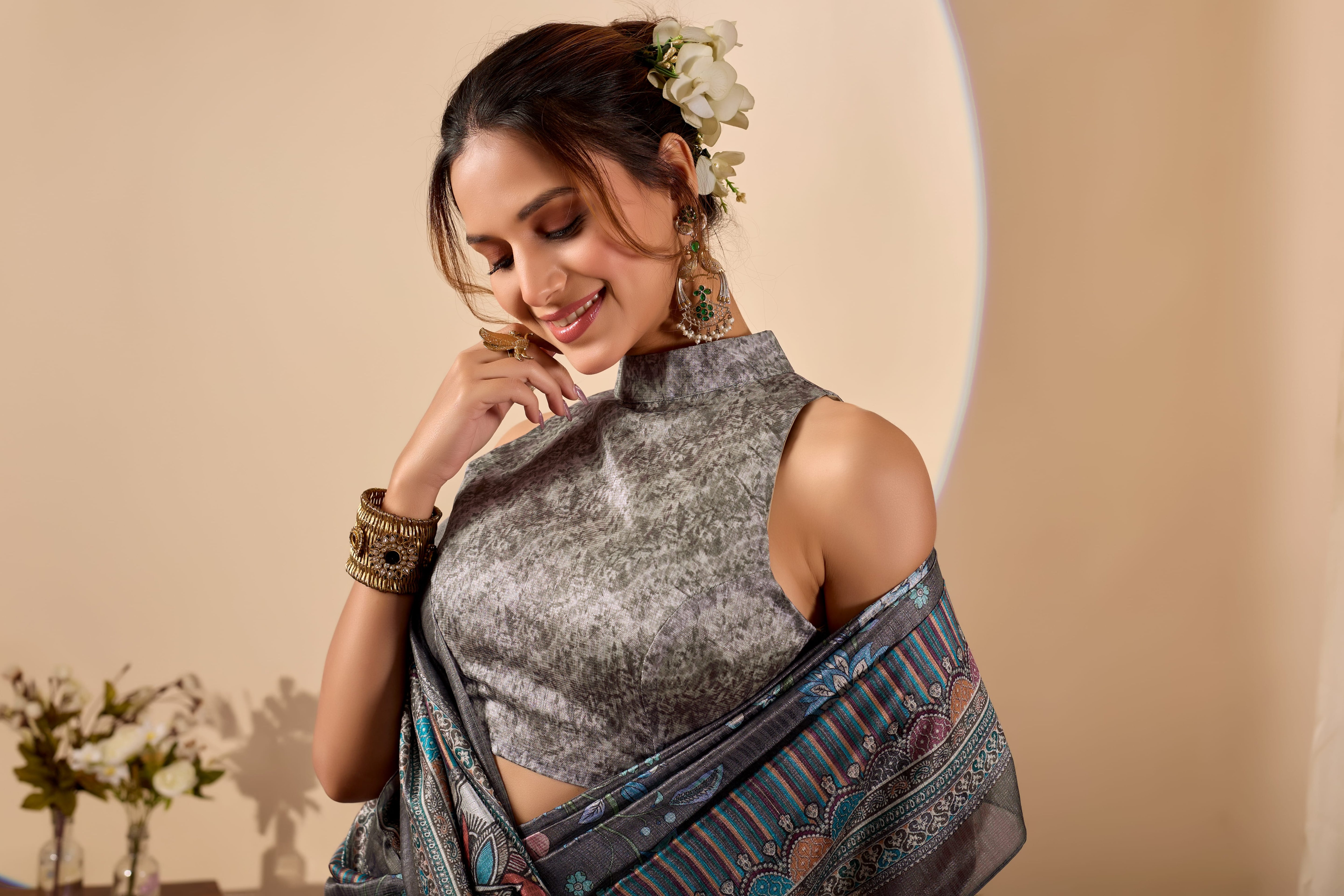 Grey Poly Chiffon Ready to Wear Saree