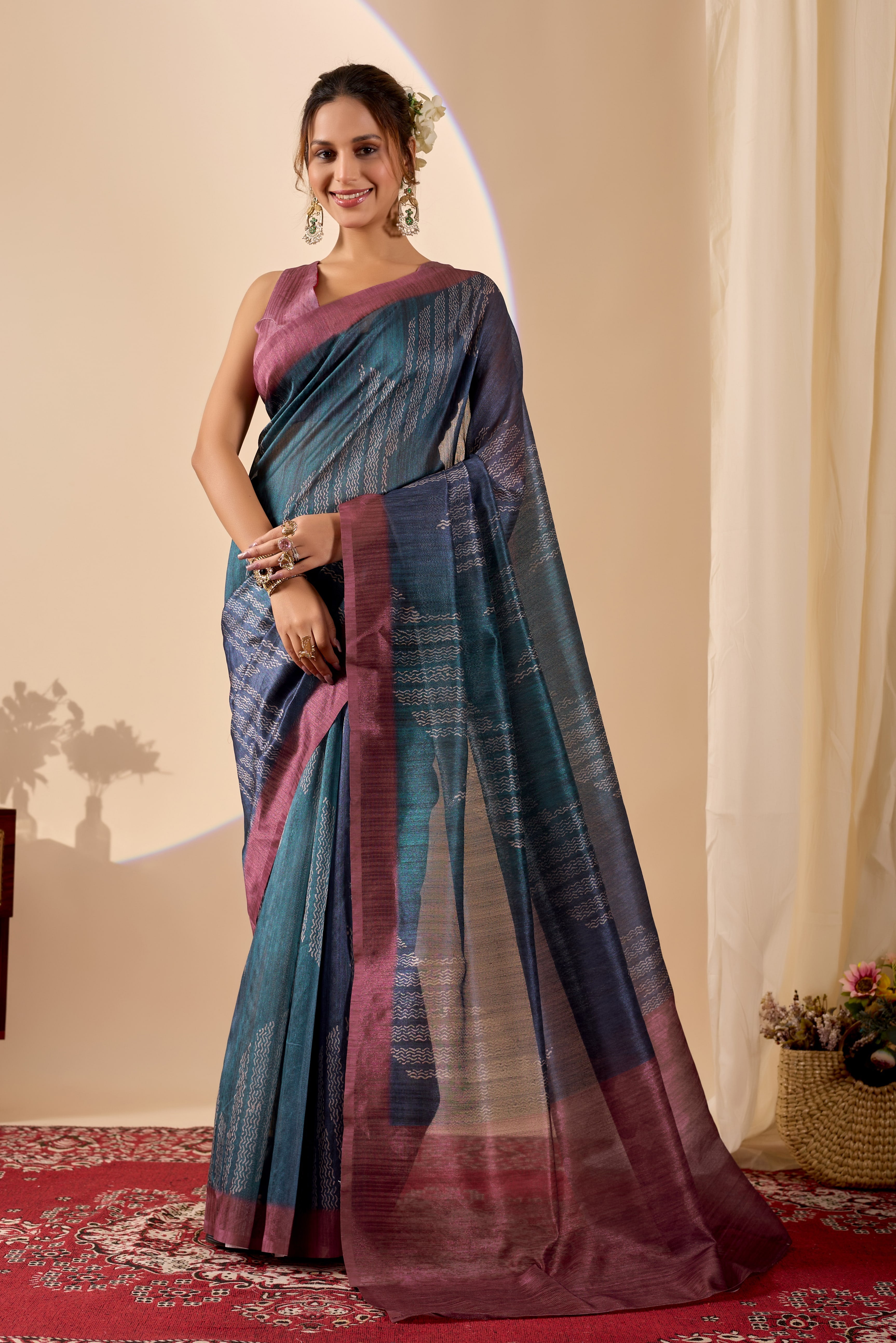 Navy Blue Poly Cotton Ready Wear Saree