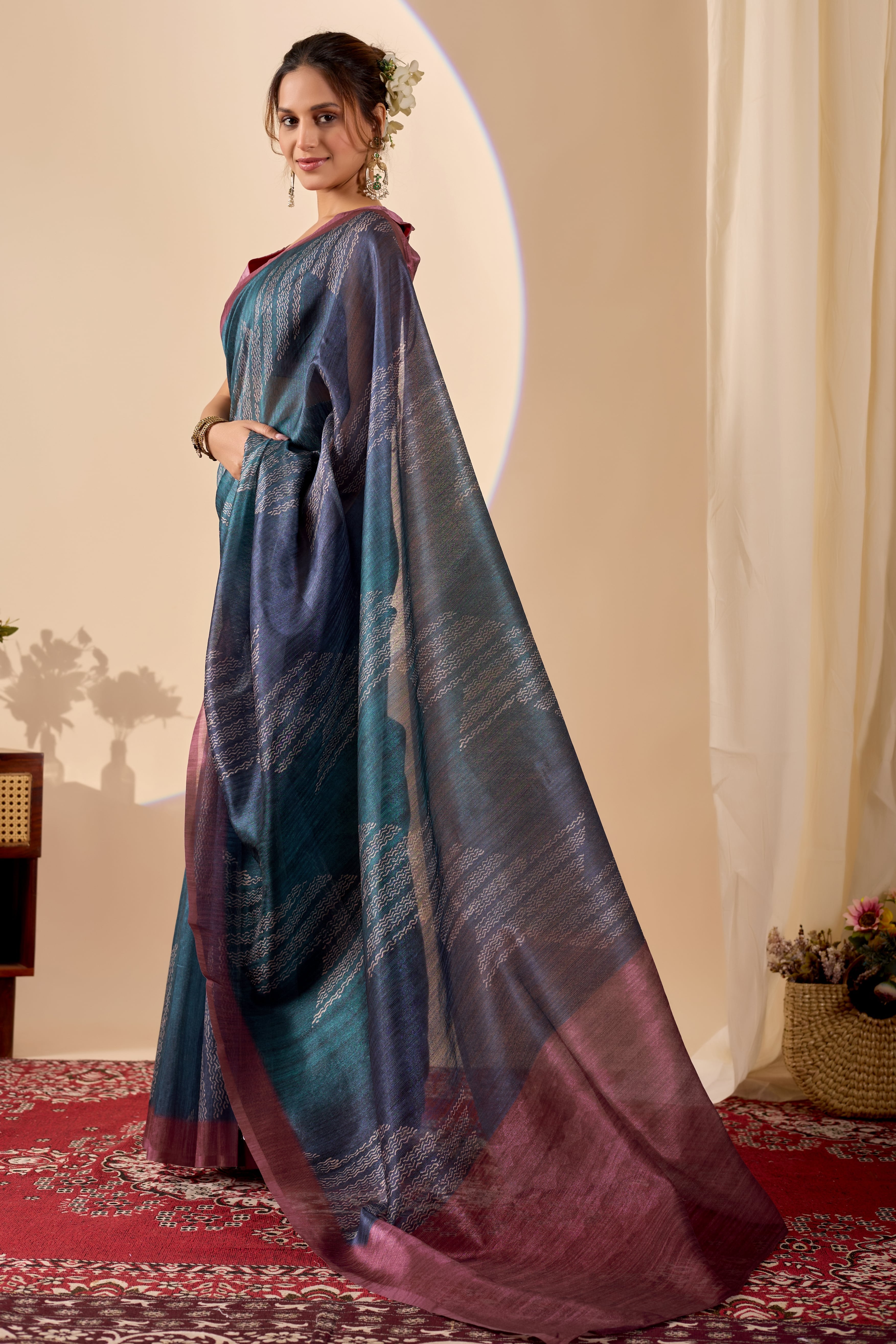 Navy Blue Poly Cotton Ready Wear Saree