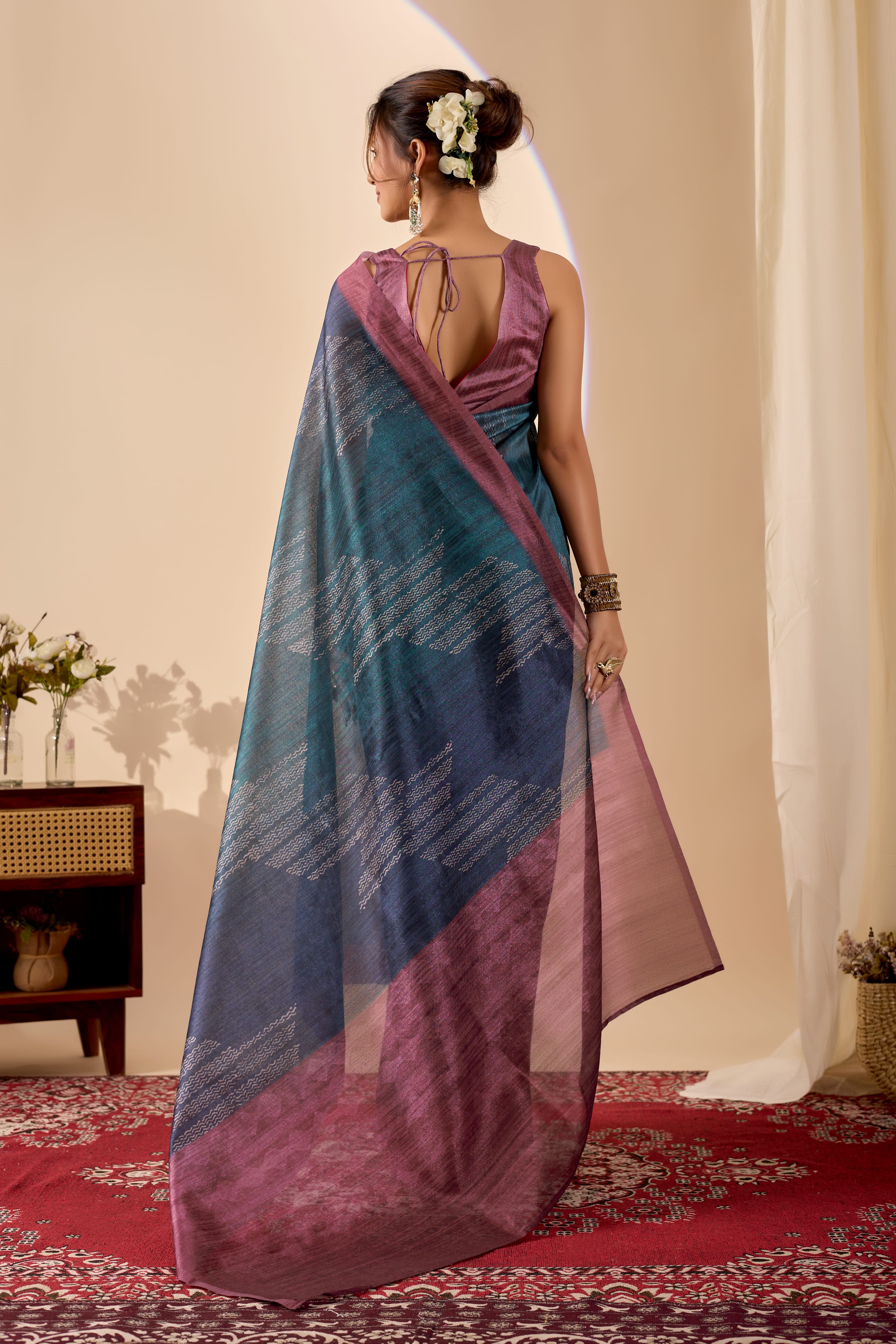 Navy Blue Poly Cotton Ready Wear Saree