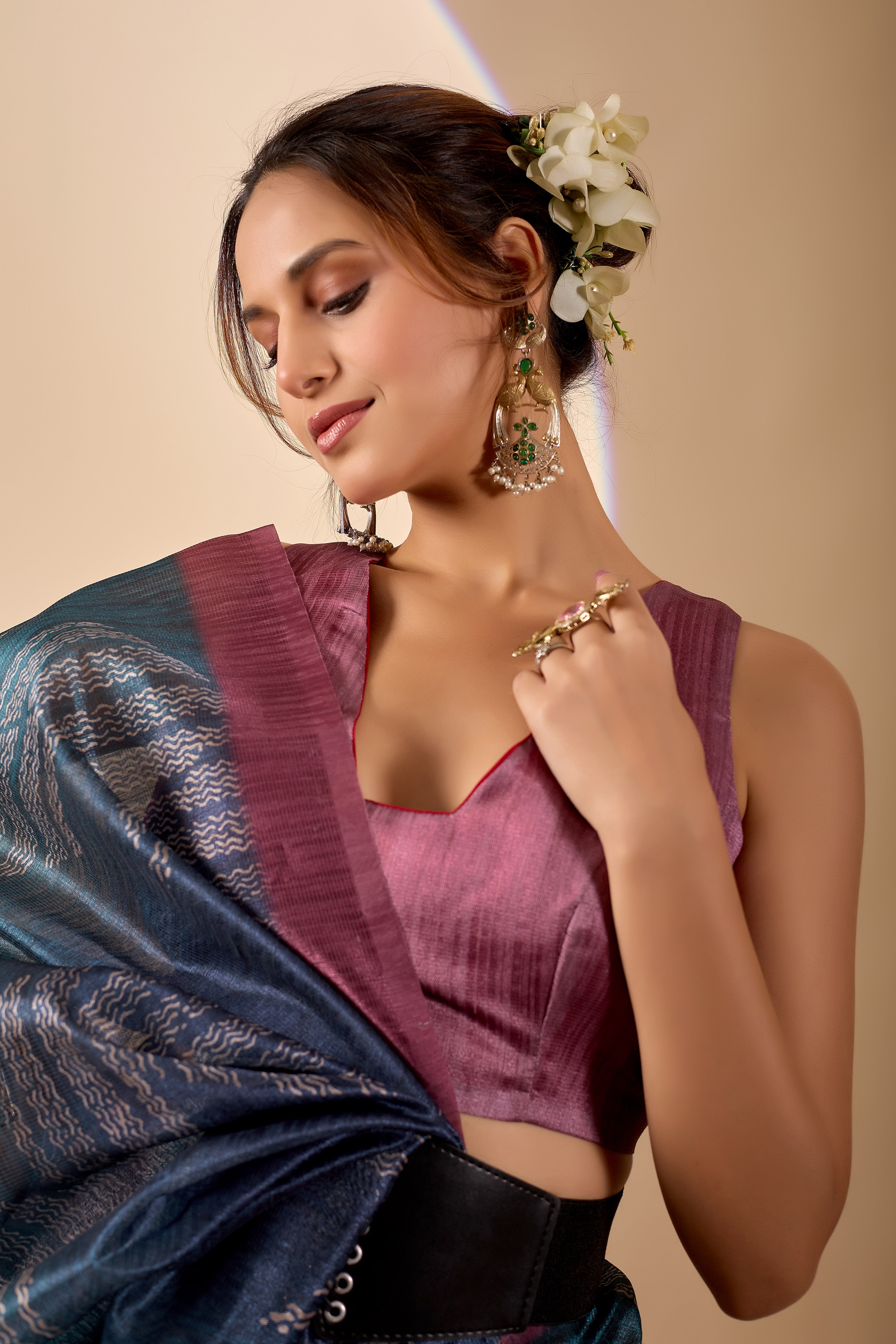 Navy Blue Poly Cotton Ready Wear Saree