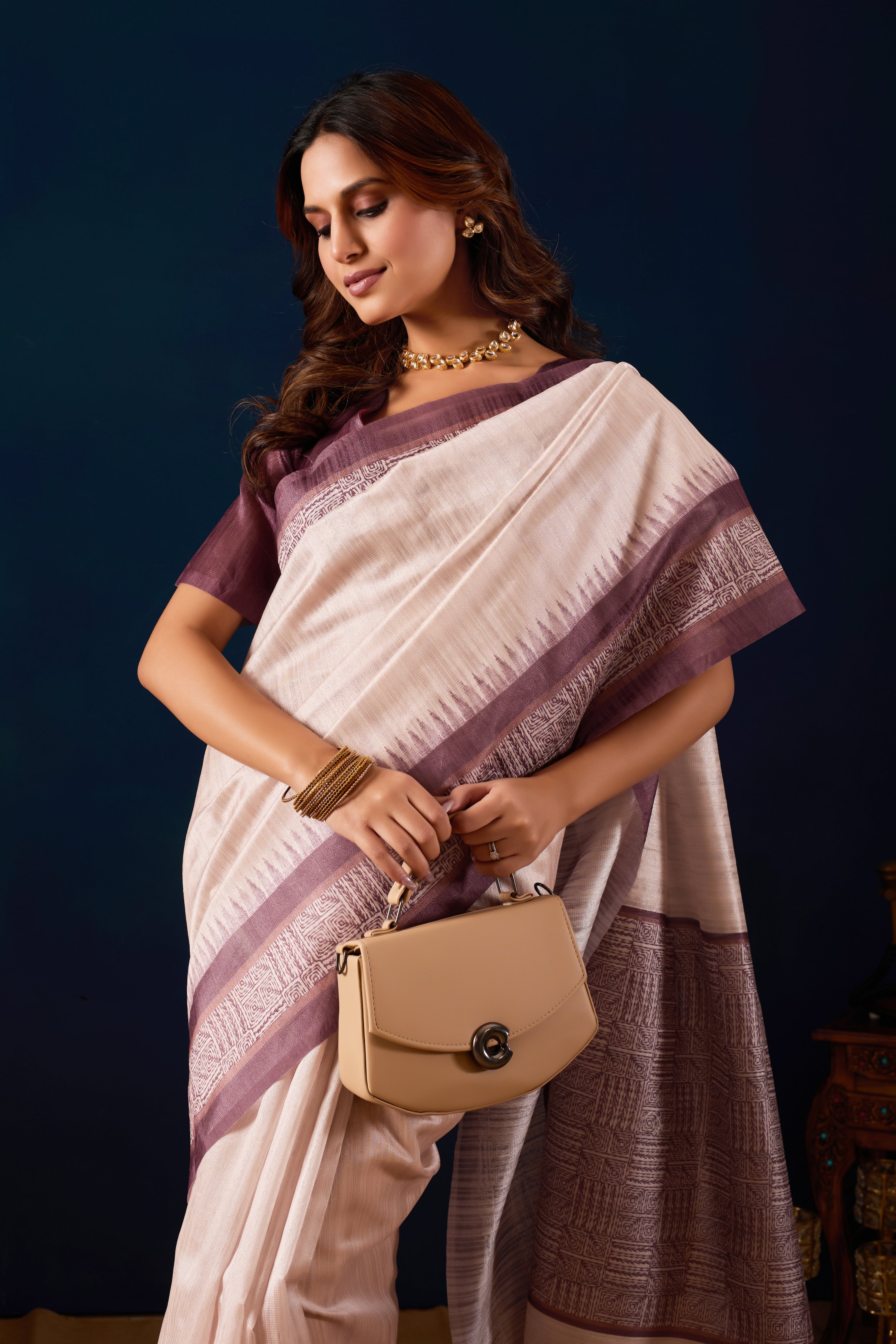 Beige Color Poly Cotton Ready to Wear Saree
