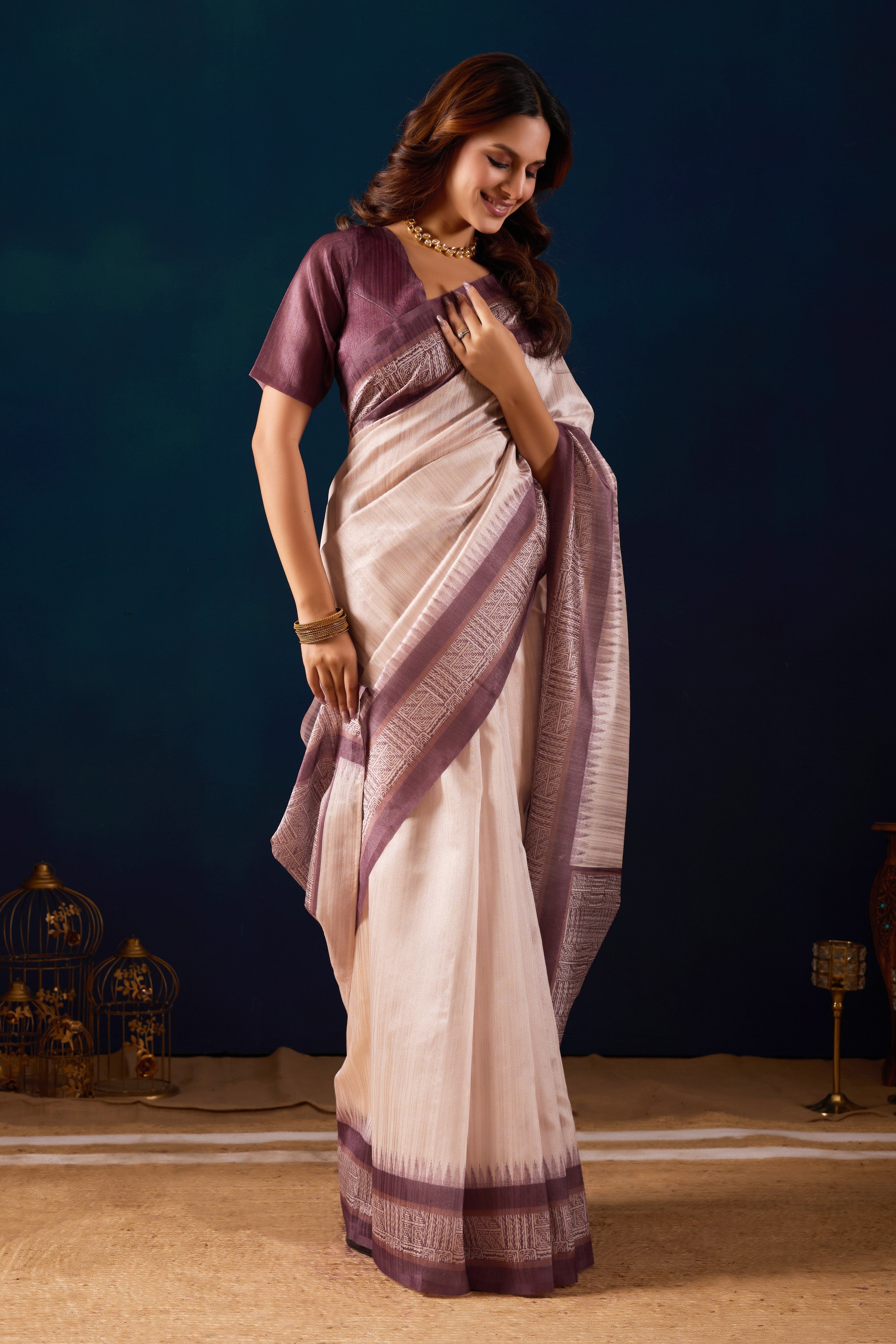 Beige Color Poly Cotton Ready to Wear Saree