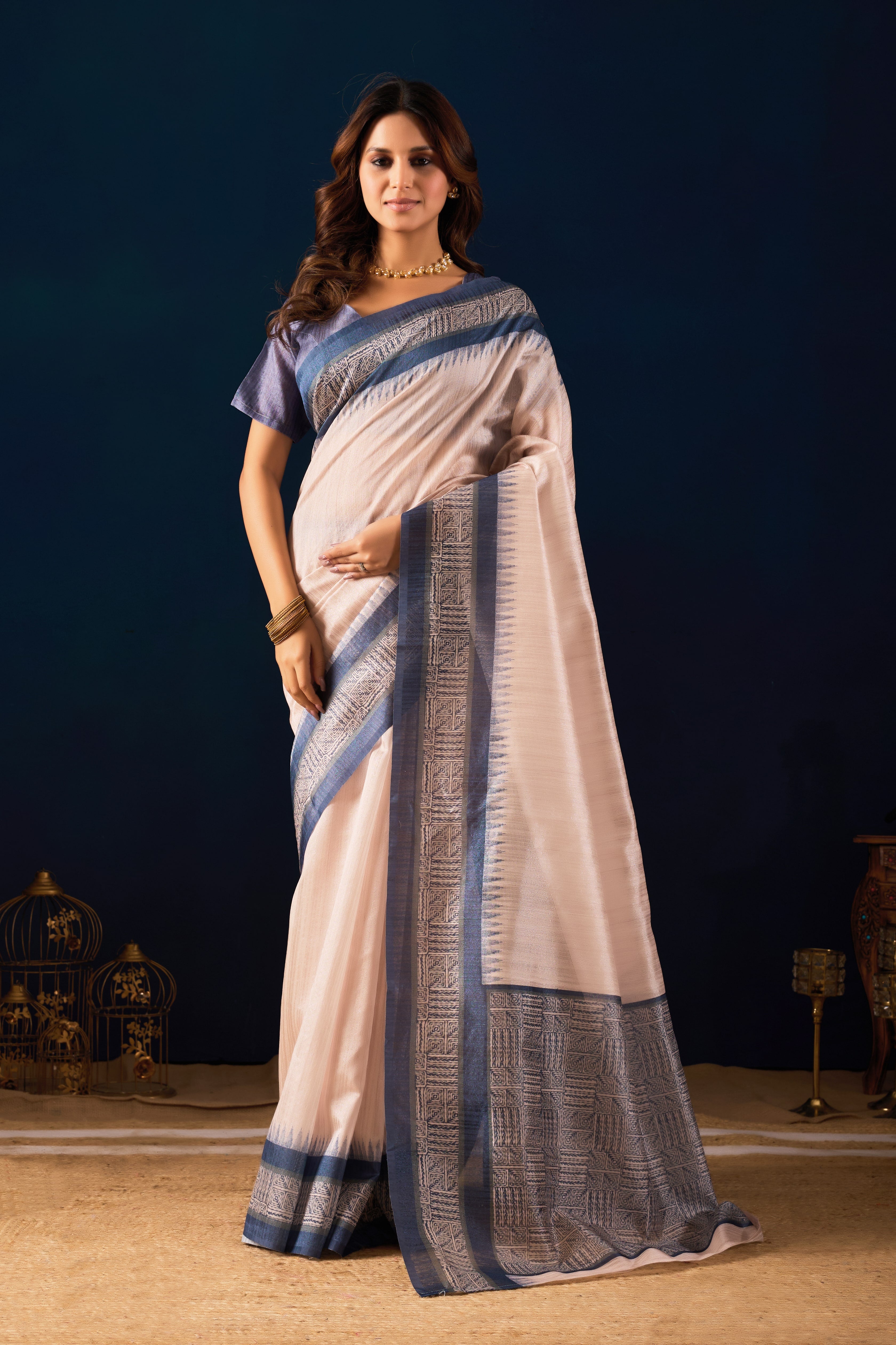 Cream Linen Saree with Mauve Zari Border & Geometric Pallu