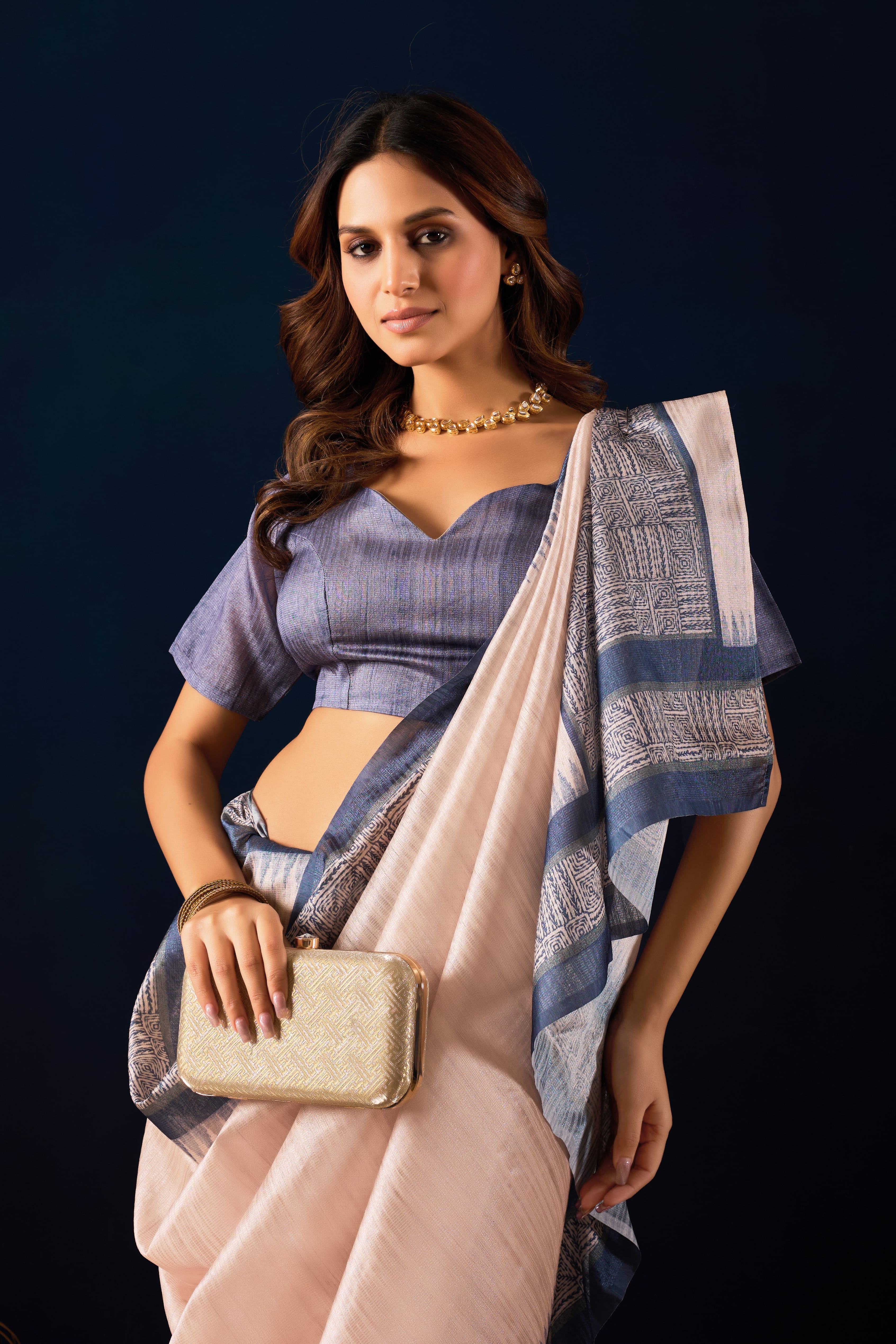 Cream Linen Saree with Mauve Zari Border & Geometric Pallu