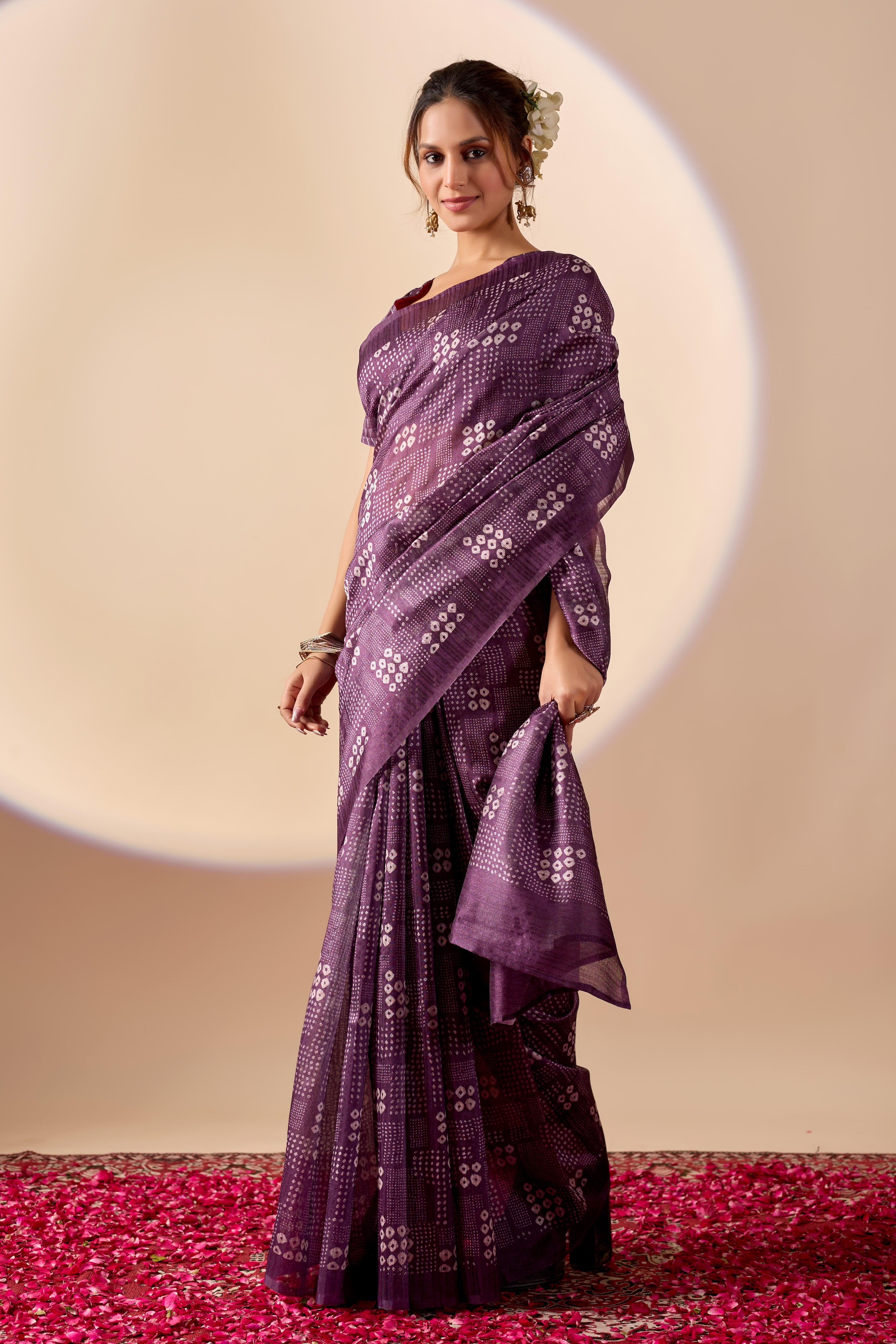 Purple Jute Silk Bandhani Printed Ready to Wear Saree