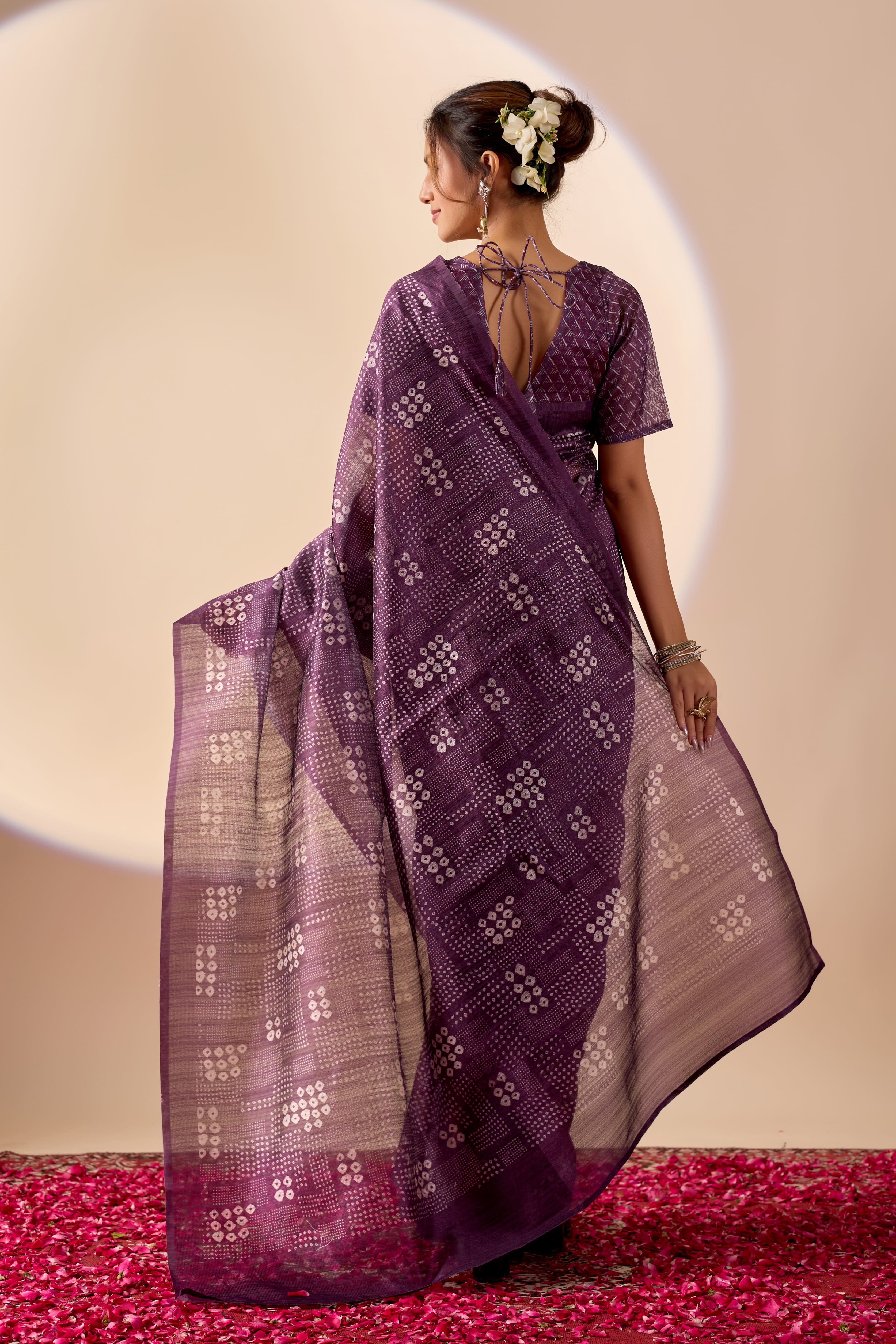 Purple Jute Silk Bandhani Printed Ready to Wear Saree