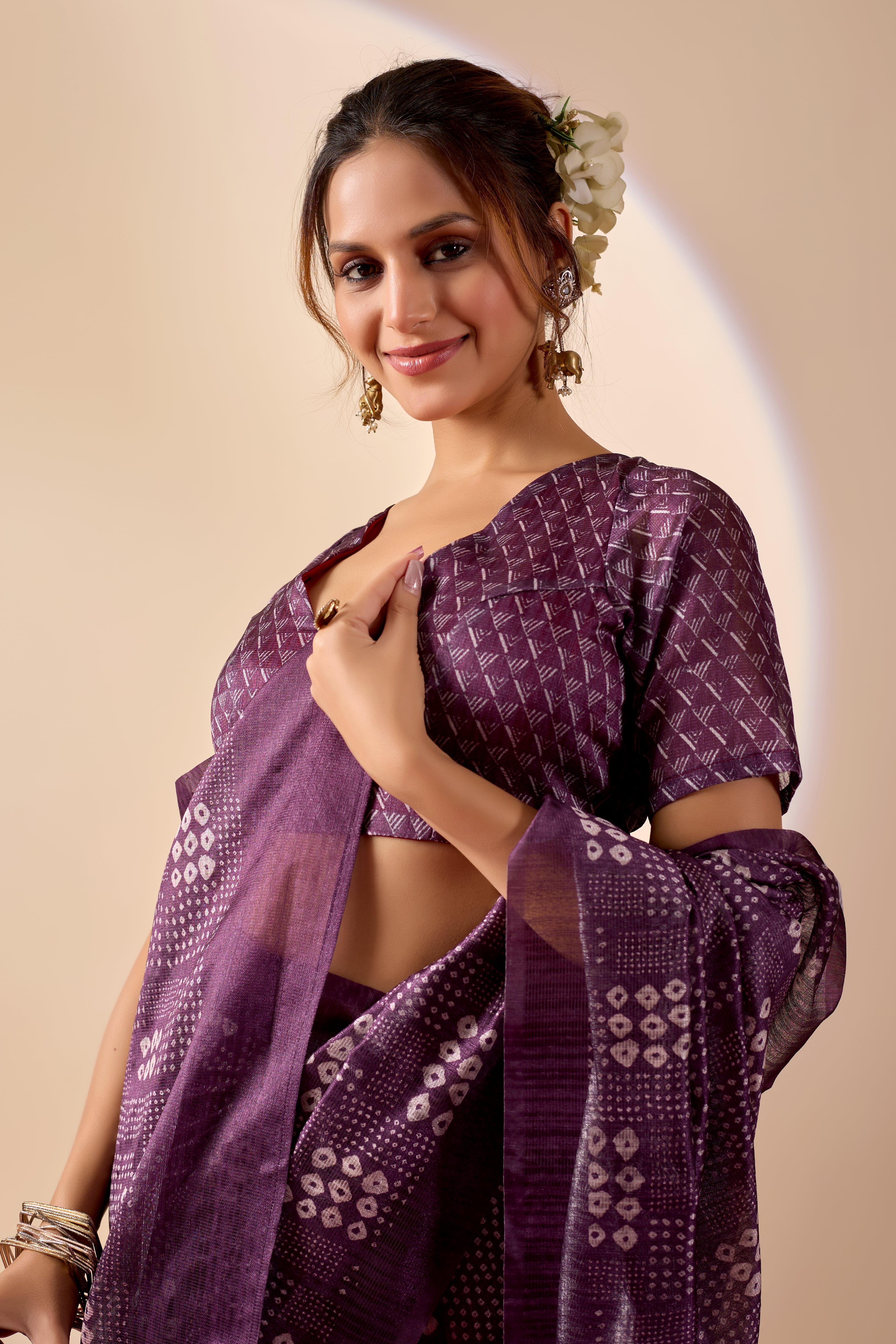 Purple Jute Silk Bandhani Printed Ready to Wear Saree