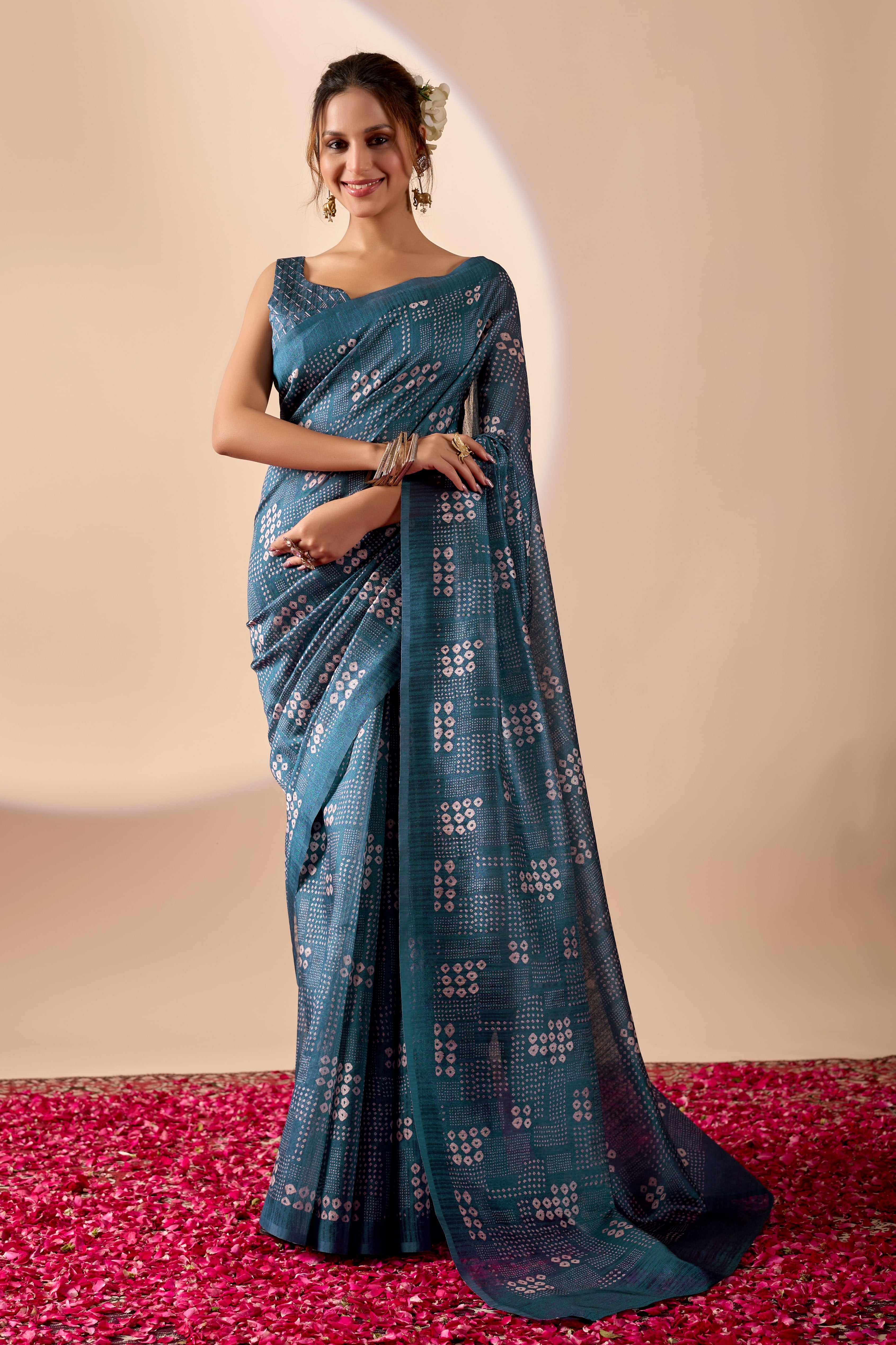 Blue Bandhani Printed Jute Silk Ready To Wear Saree