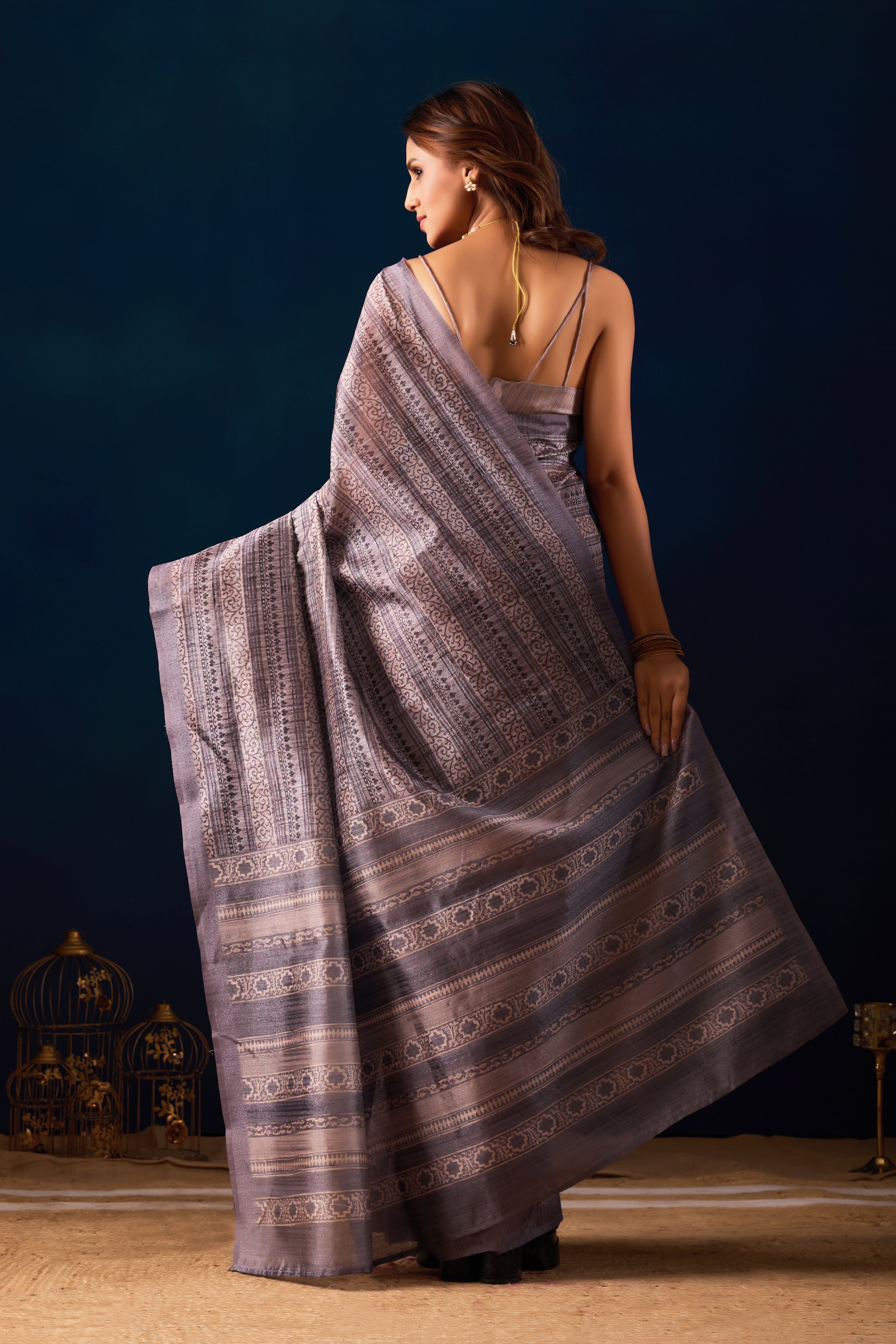 Sophisticated Charcoal Grey Silk Saree with Intricate All-Over Ajrakh Inspired Print