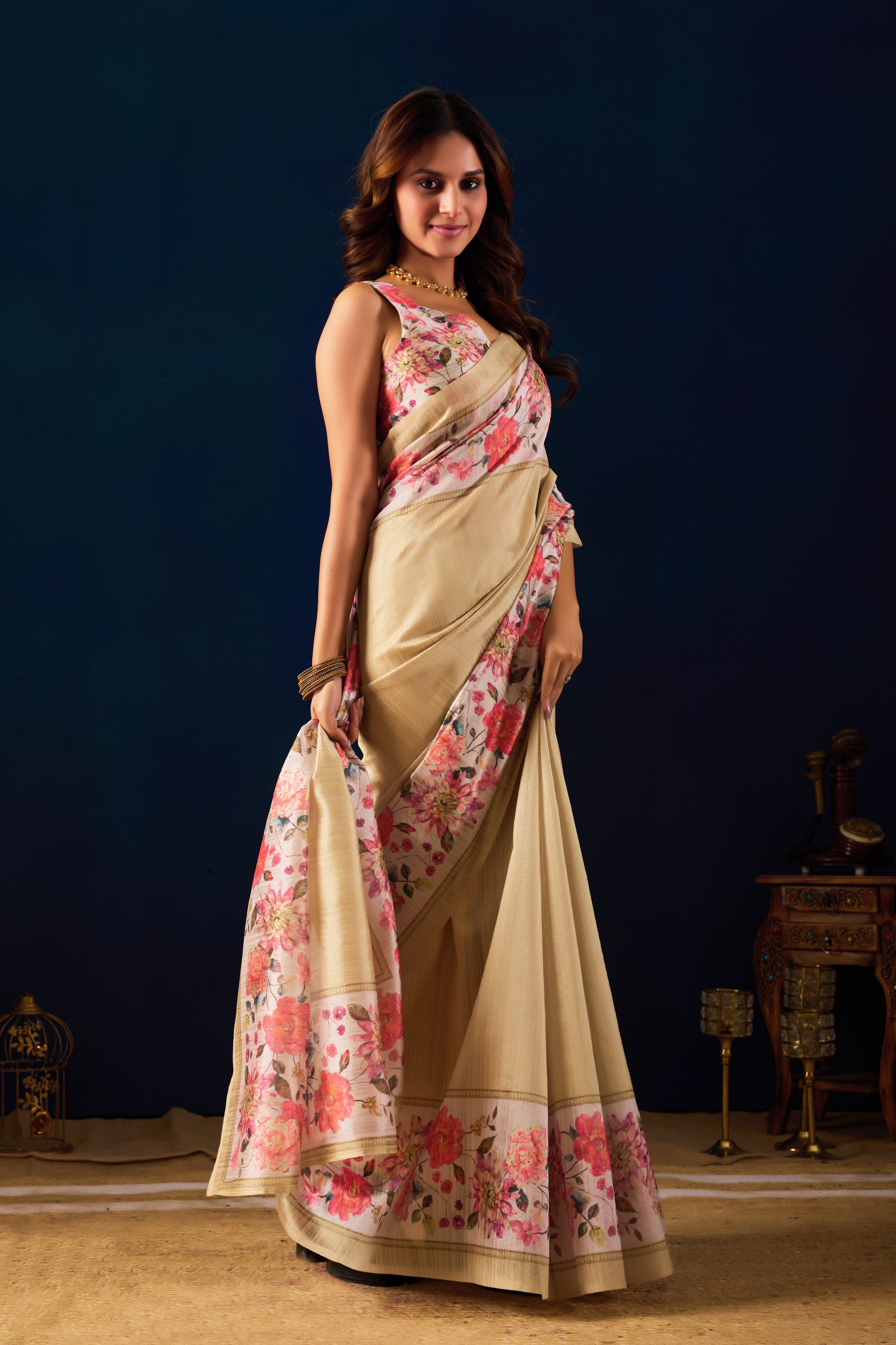 Beige Floral Shimmer Digital Print Saree