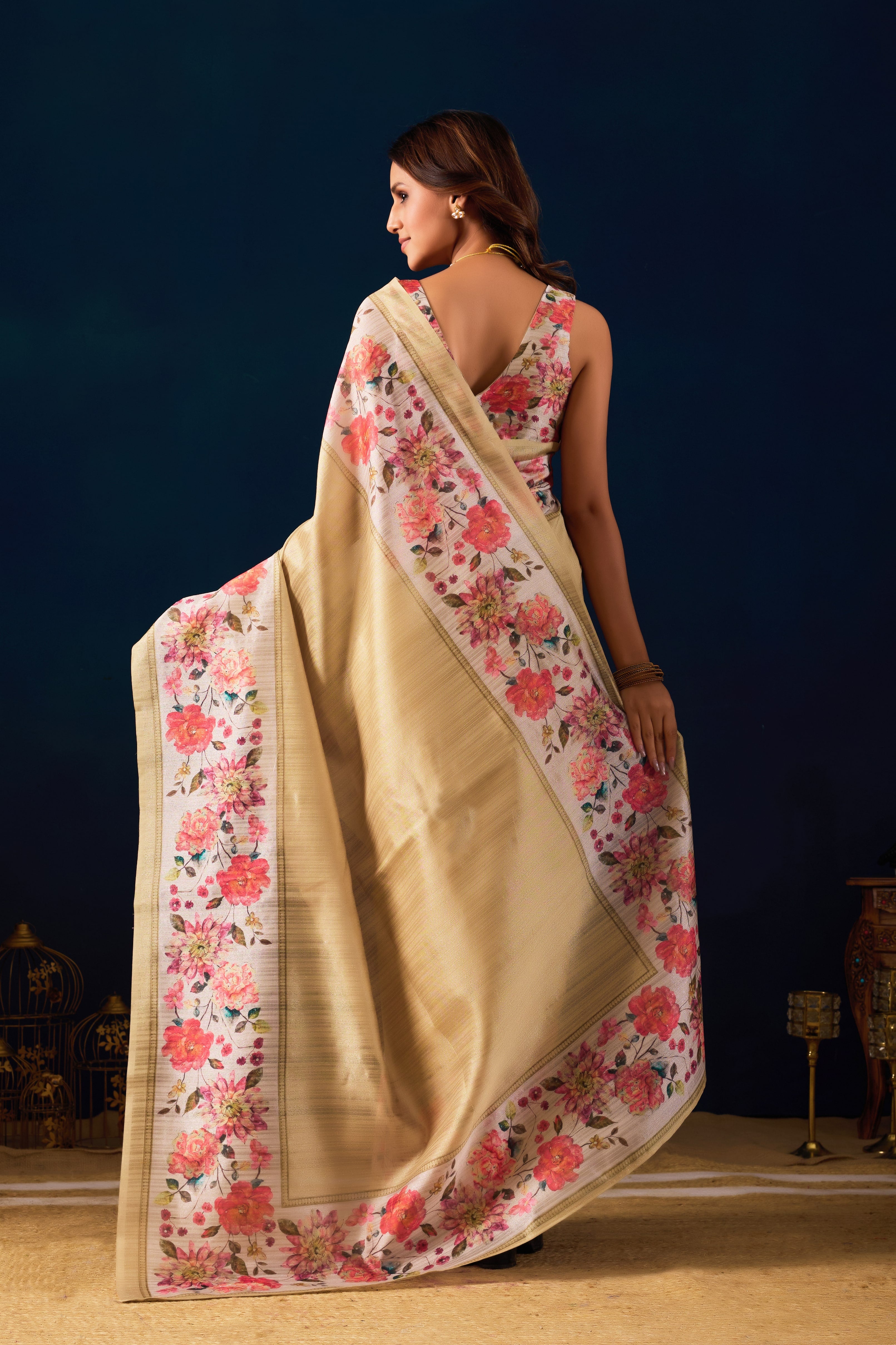 Beige Floral Shimmer Digital Print Saree