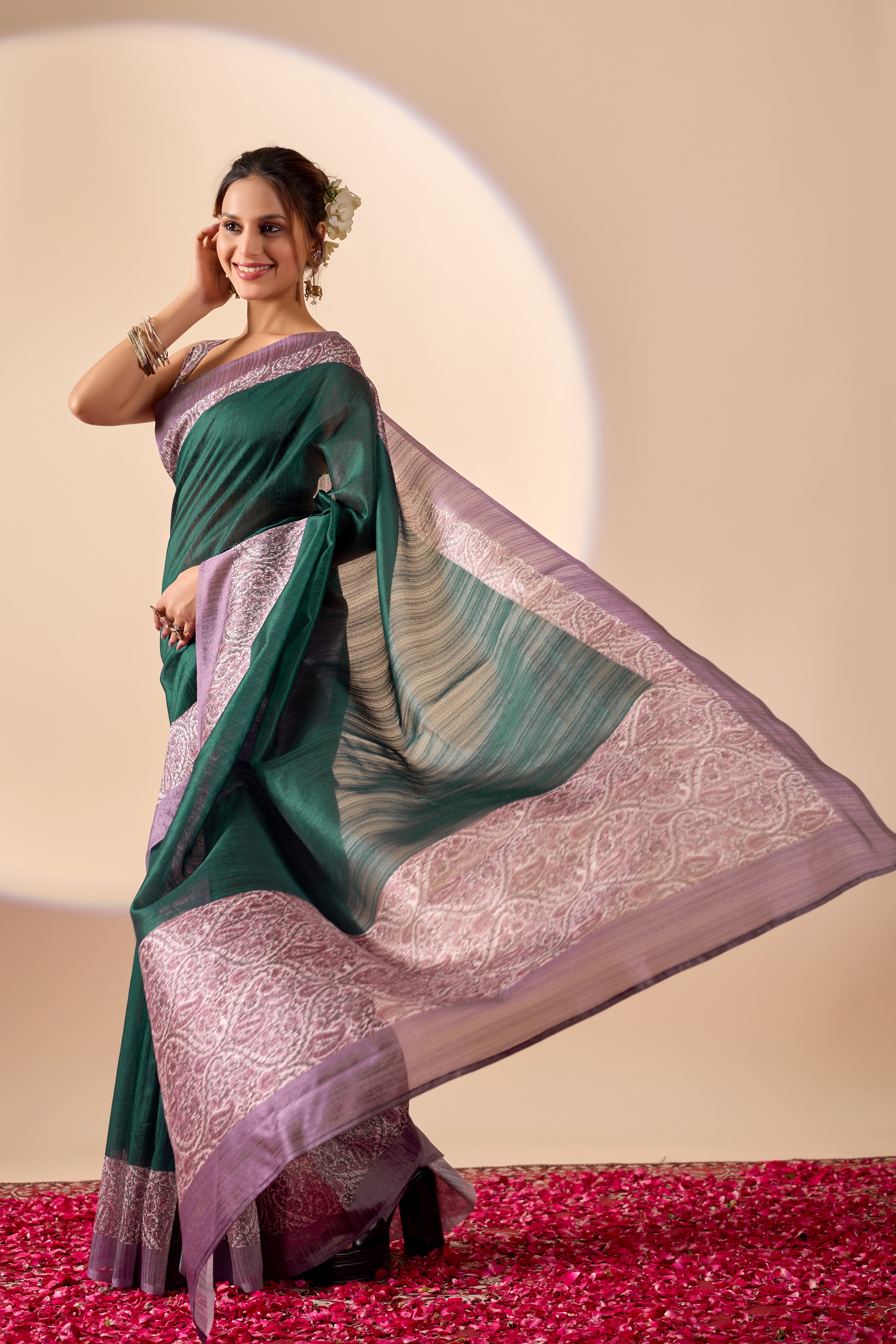 Deep Emerald Green Saree with Mauve Printed Border