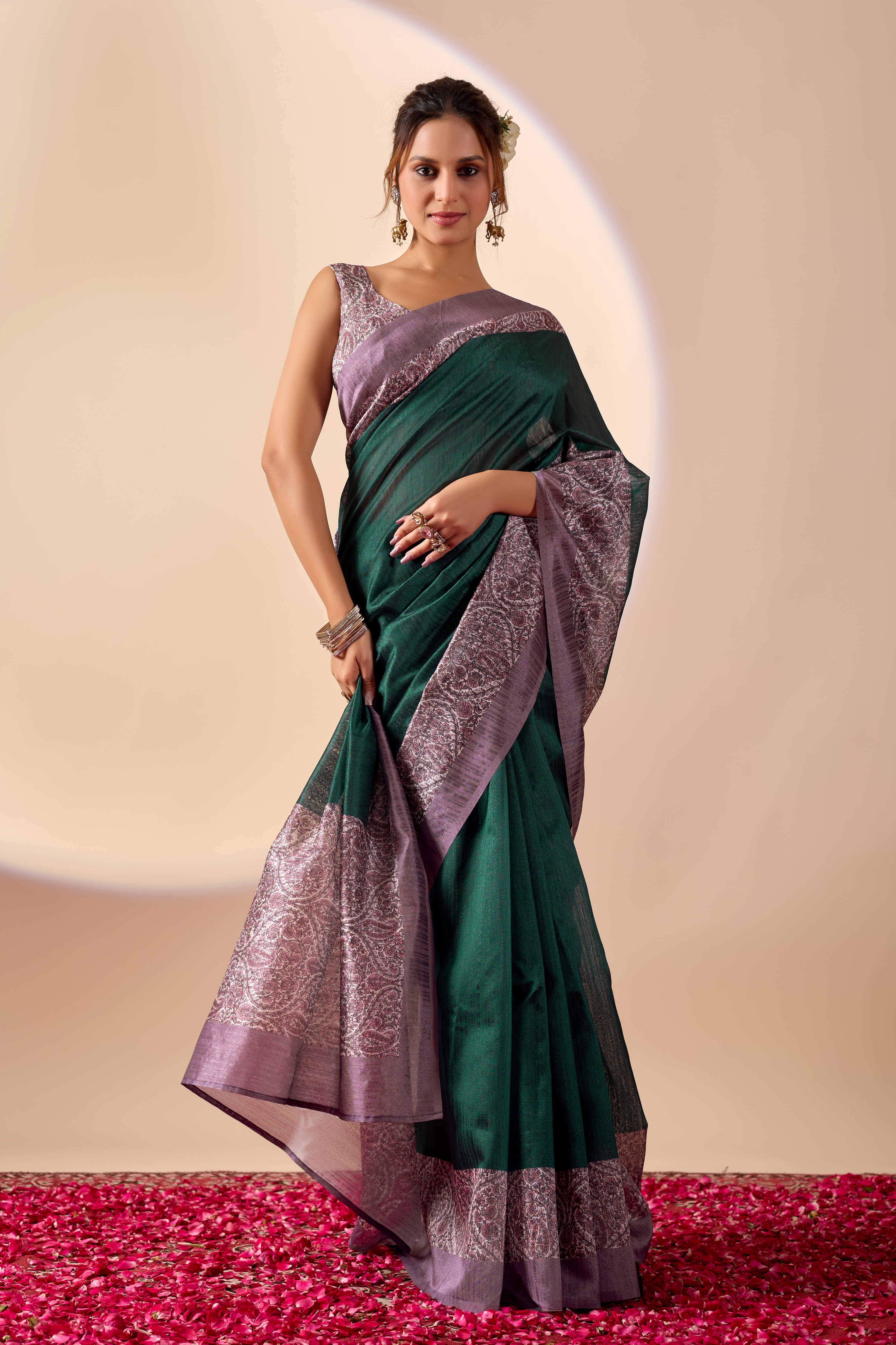 Green Premium Jute Silk with Polyester Stripes Foil Print Ready To Wear Saree