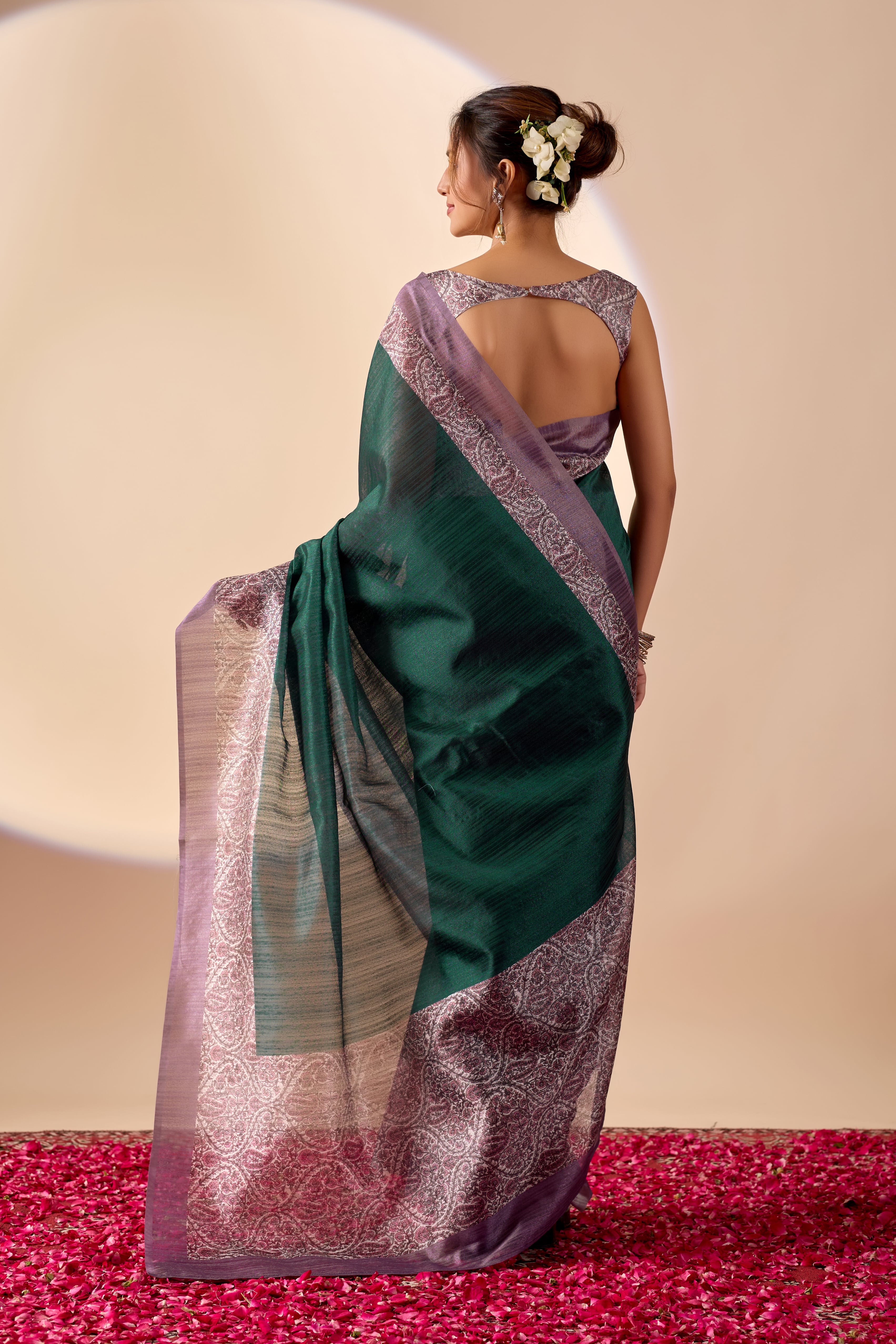 Green Premium Jute Silk with Polyester Stripes Foil Print Ready To Wear Saree