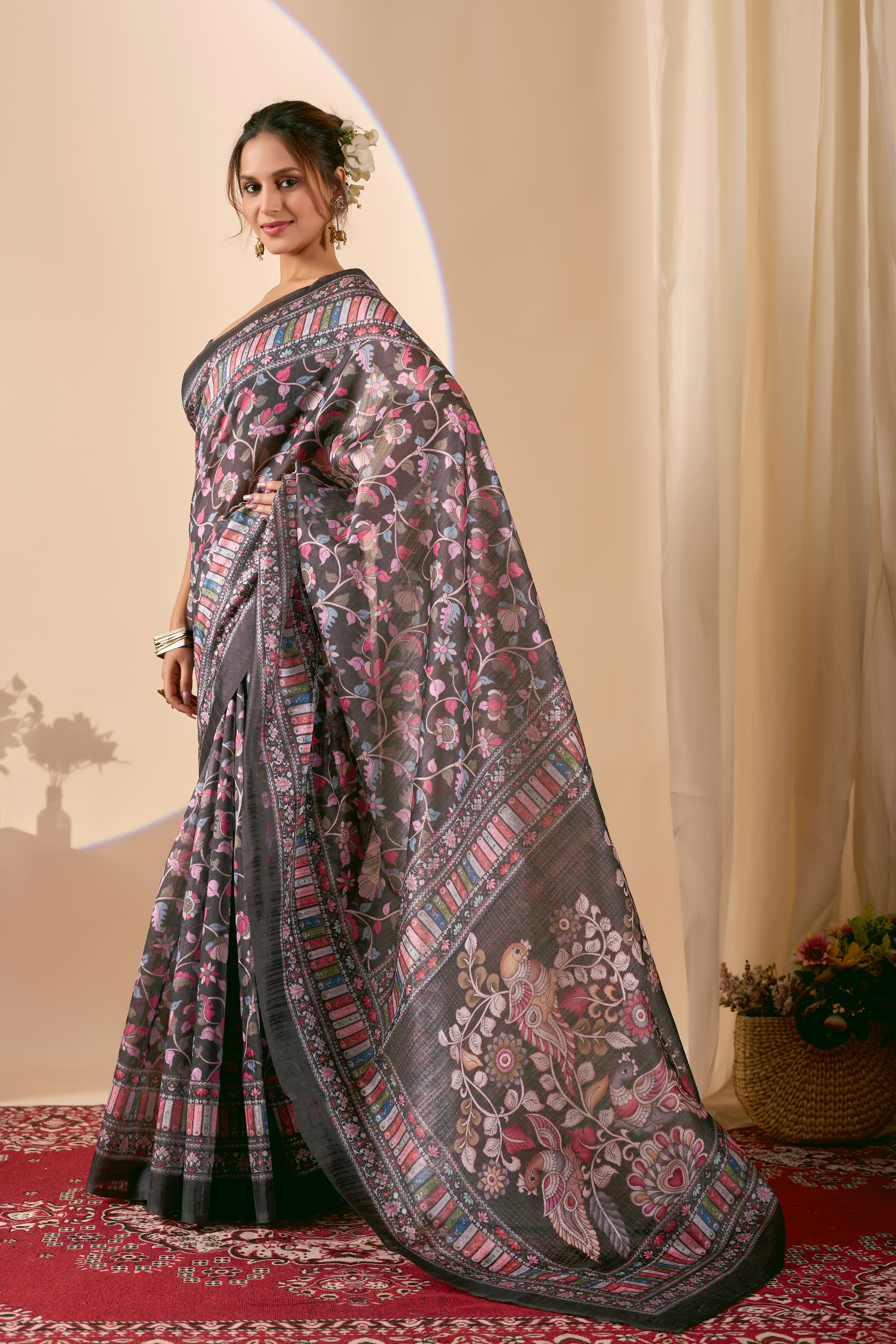 Midnight Black Heritage Saree with Vibrant Multi-Color Kalamkari Inspired Prints