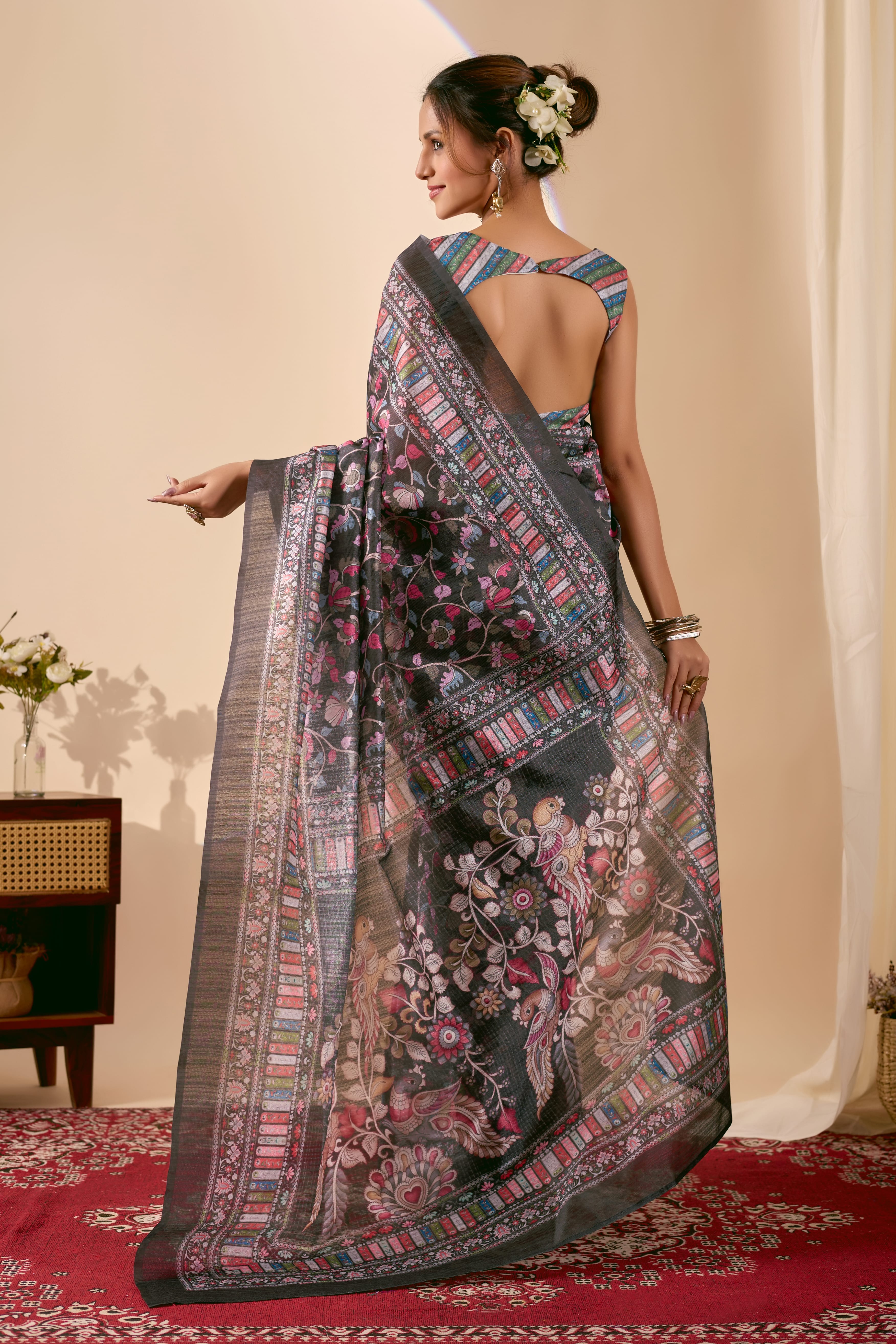 Navy Black Premium Jute Silk Ready To Wear Saree with Stripes Foil Print