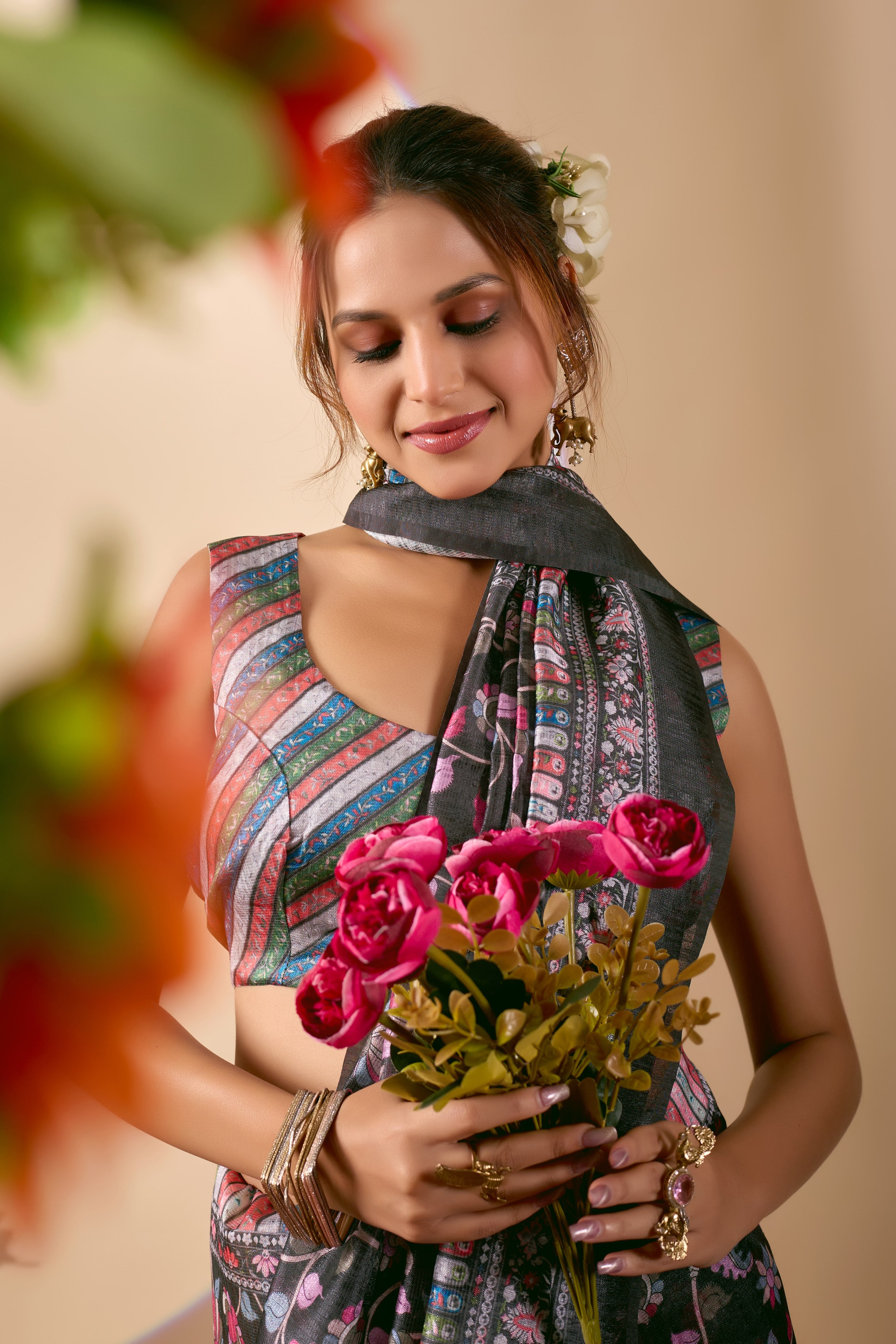 Navy Black Premium Jute Silk Ready To Wear Saree with Stripes Foil Print