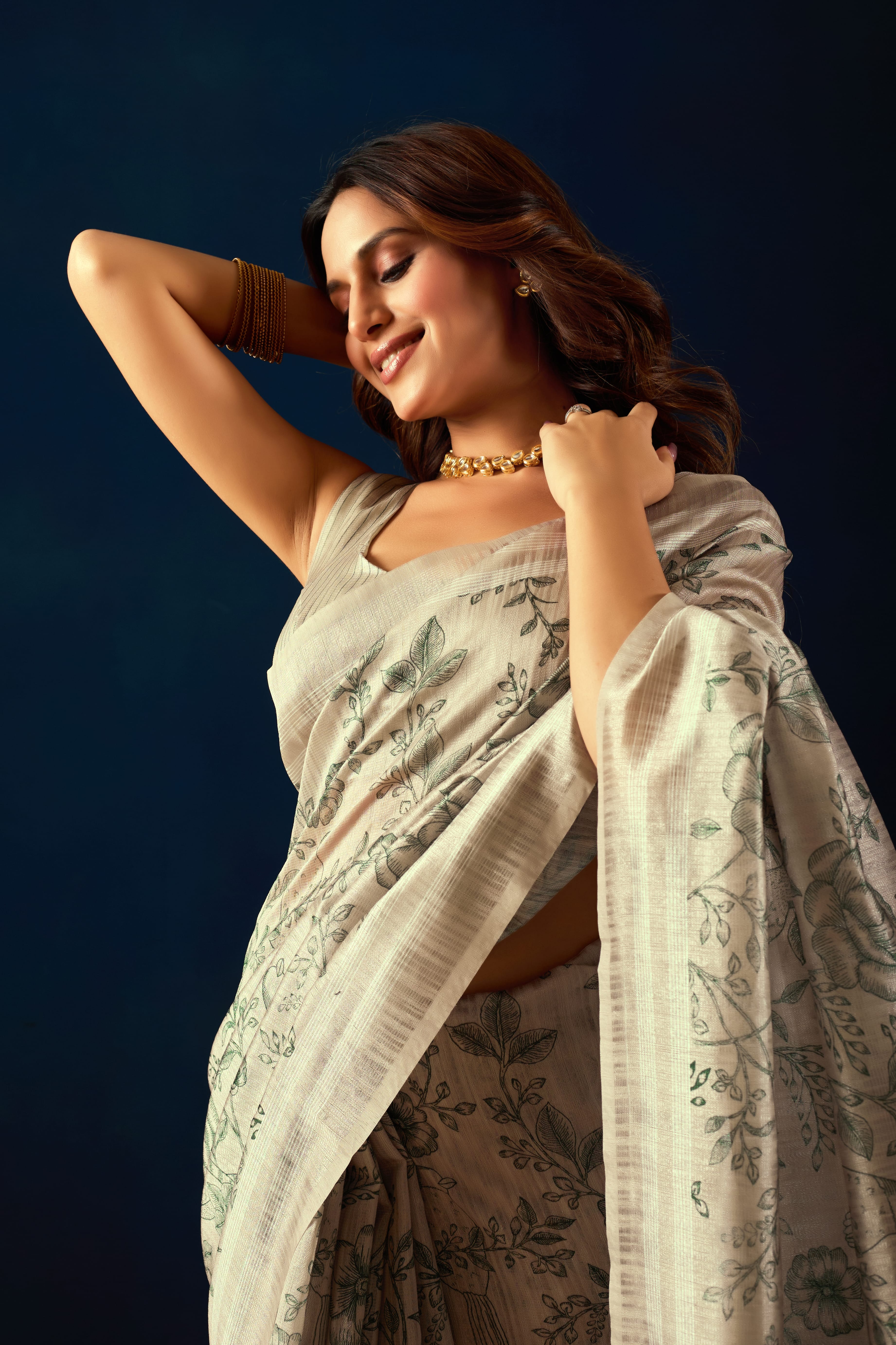 Cream Floral Printed Jute Silk Ready To Wear Saree