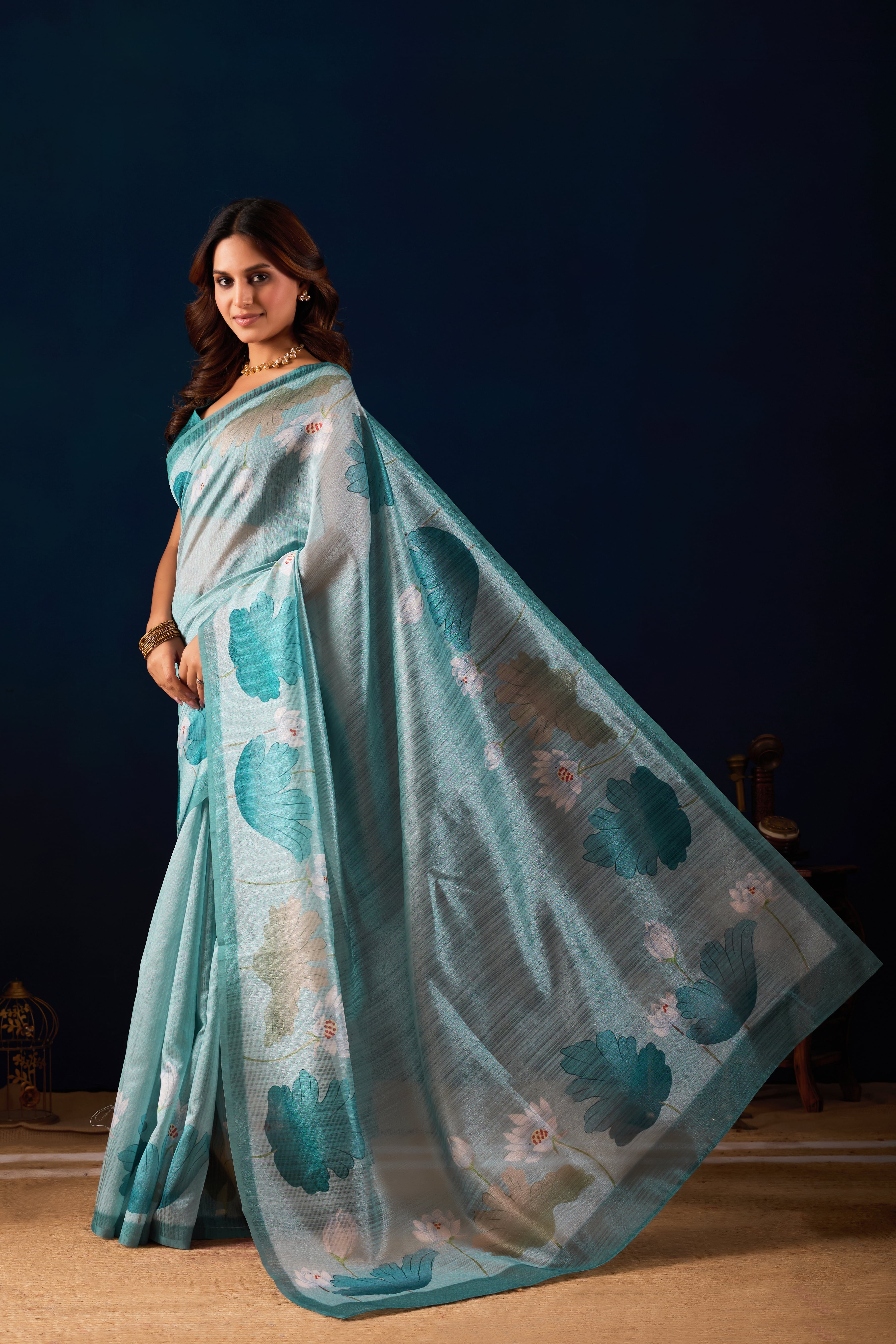 Lustrous Aqua Blue Drape Featuring Hand-Painted Floral Motifs