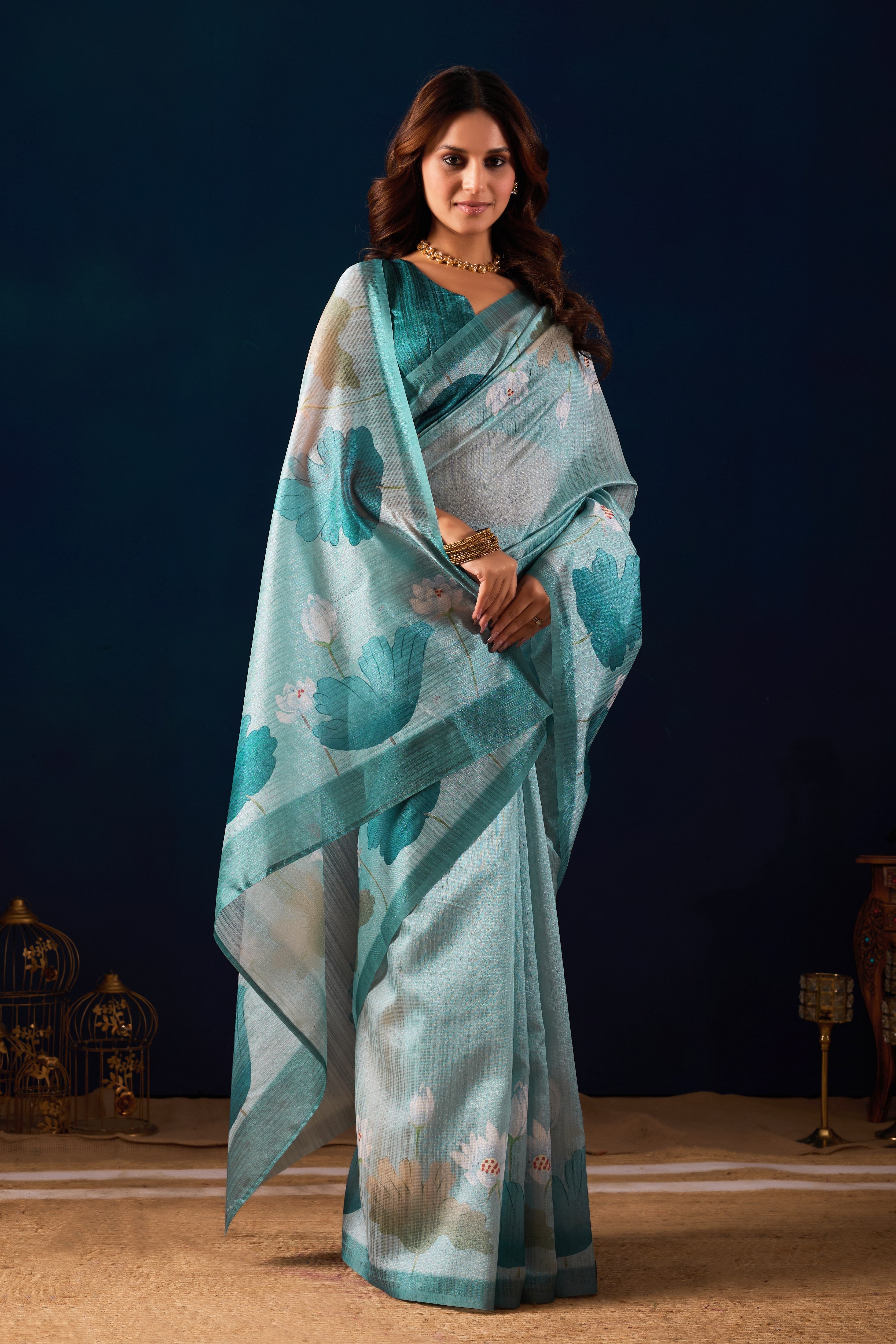 Blue Premium Jute Silk Stripes Foil Print Ready To Wear Saree