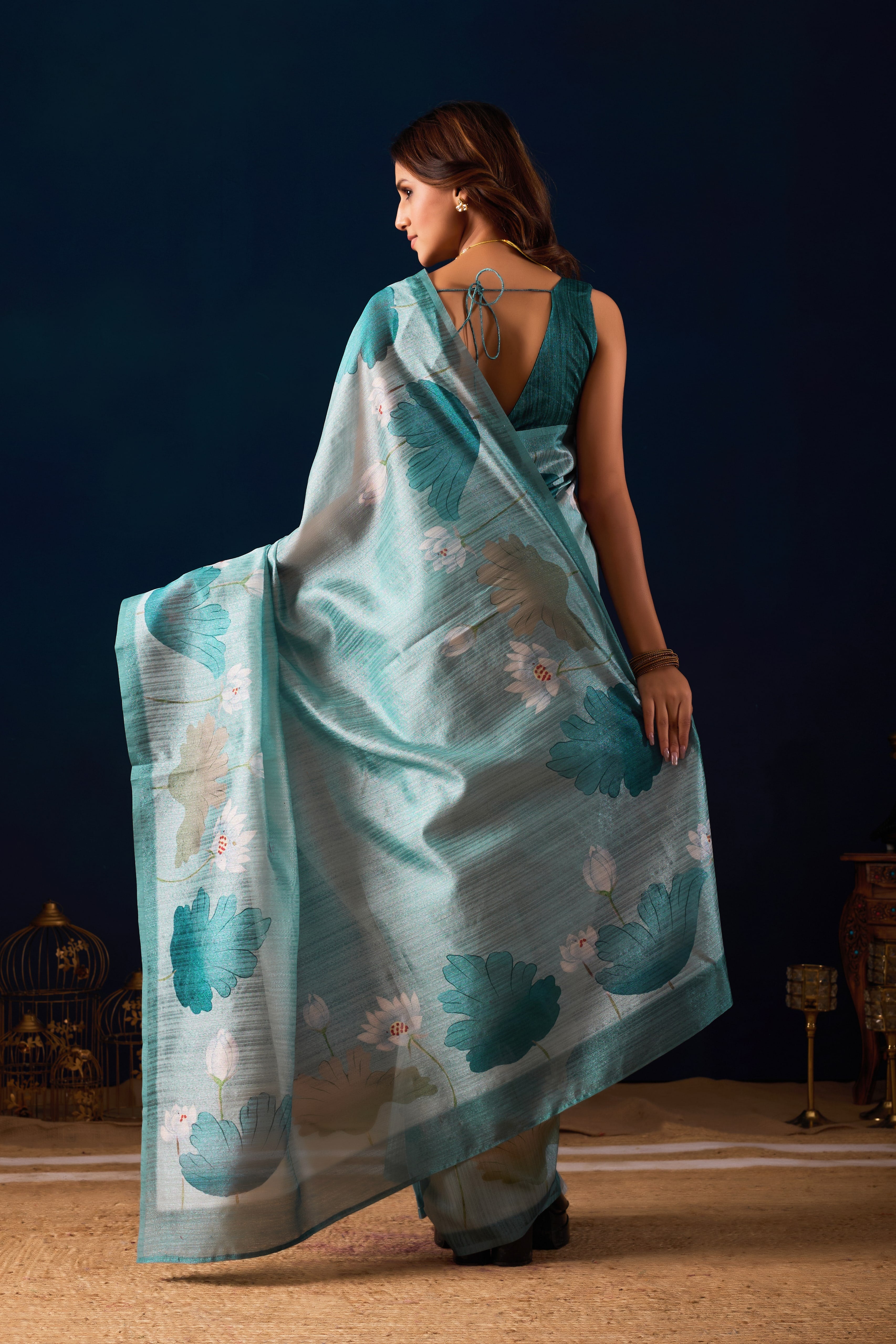 Blue Premium Jute Silk Stripes Foil Print Ready To Wear Saree