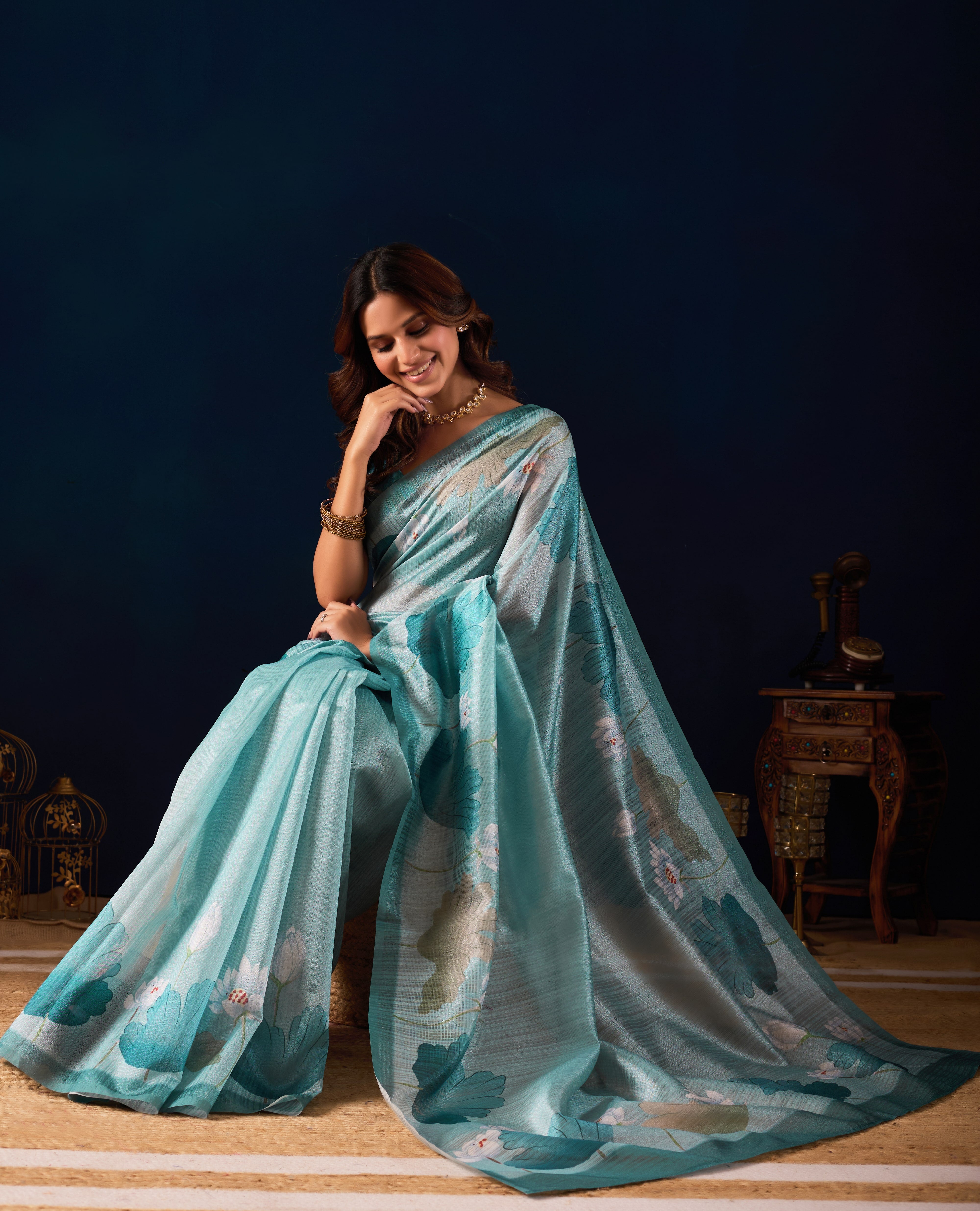 Blue Premium Jute Silk Stripes Foil Print Ready To Wear Saree