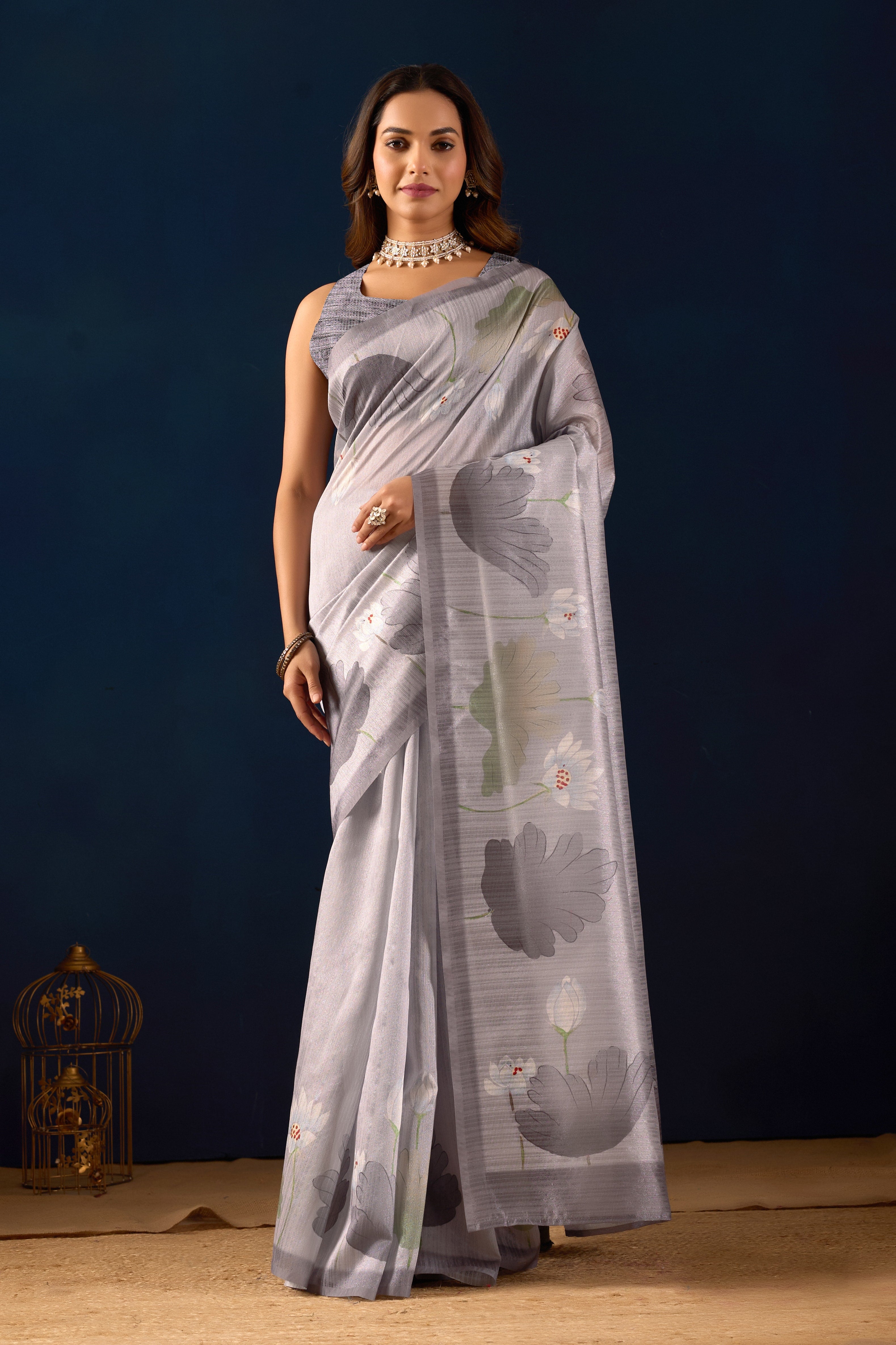 Grey Floral Printed Jute Silk Ready To Wear Saree