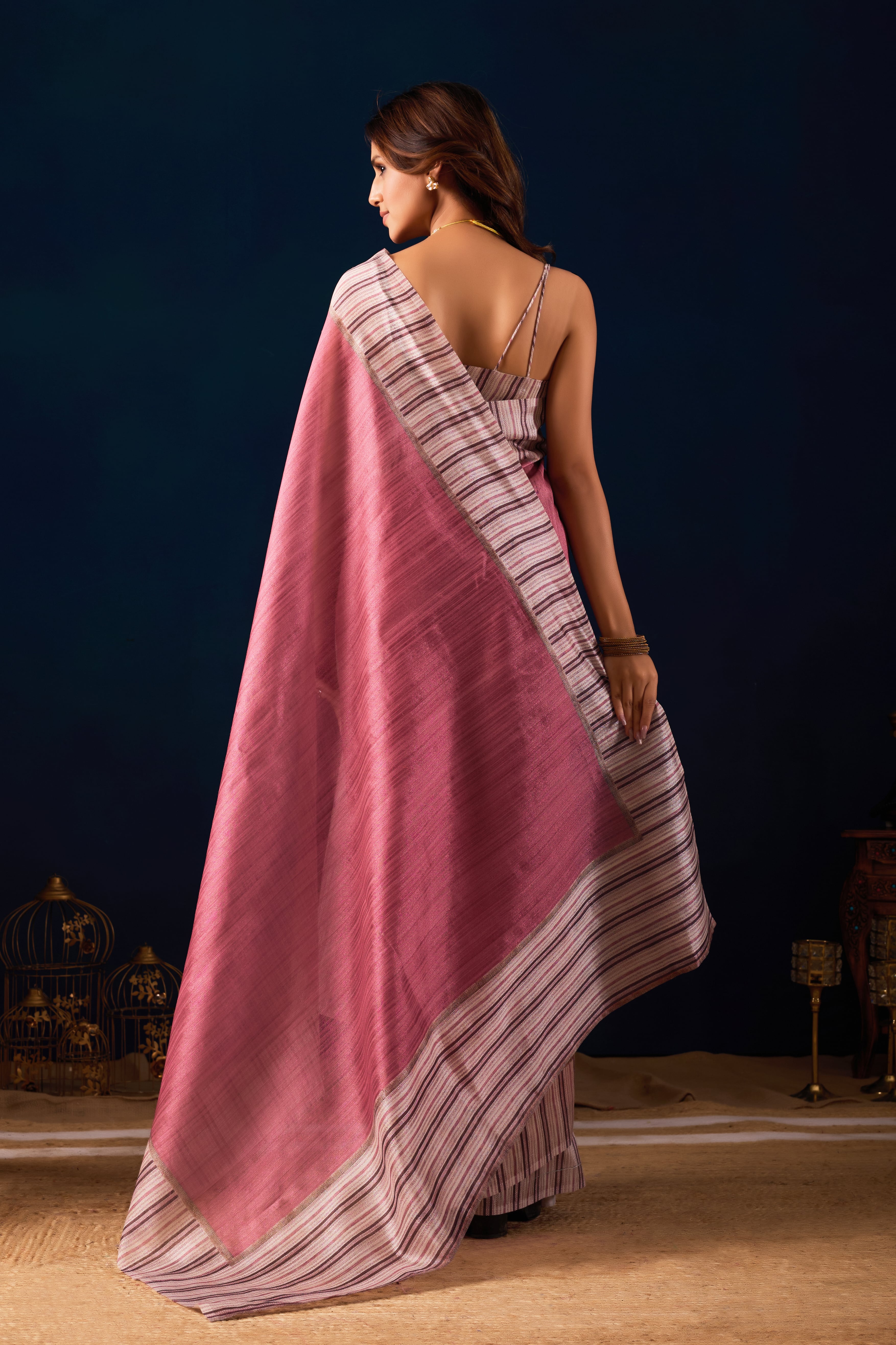 A Textured Jute Silk Masterpiece with Architectural Striped Accents.