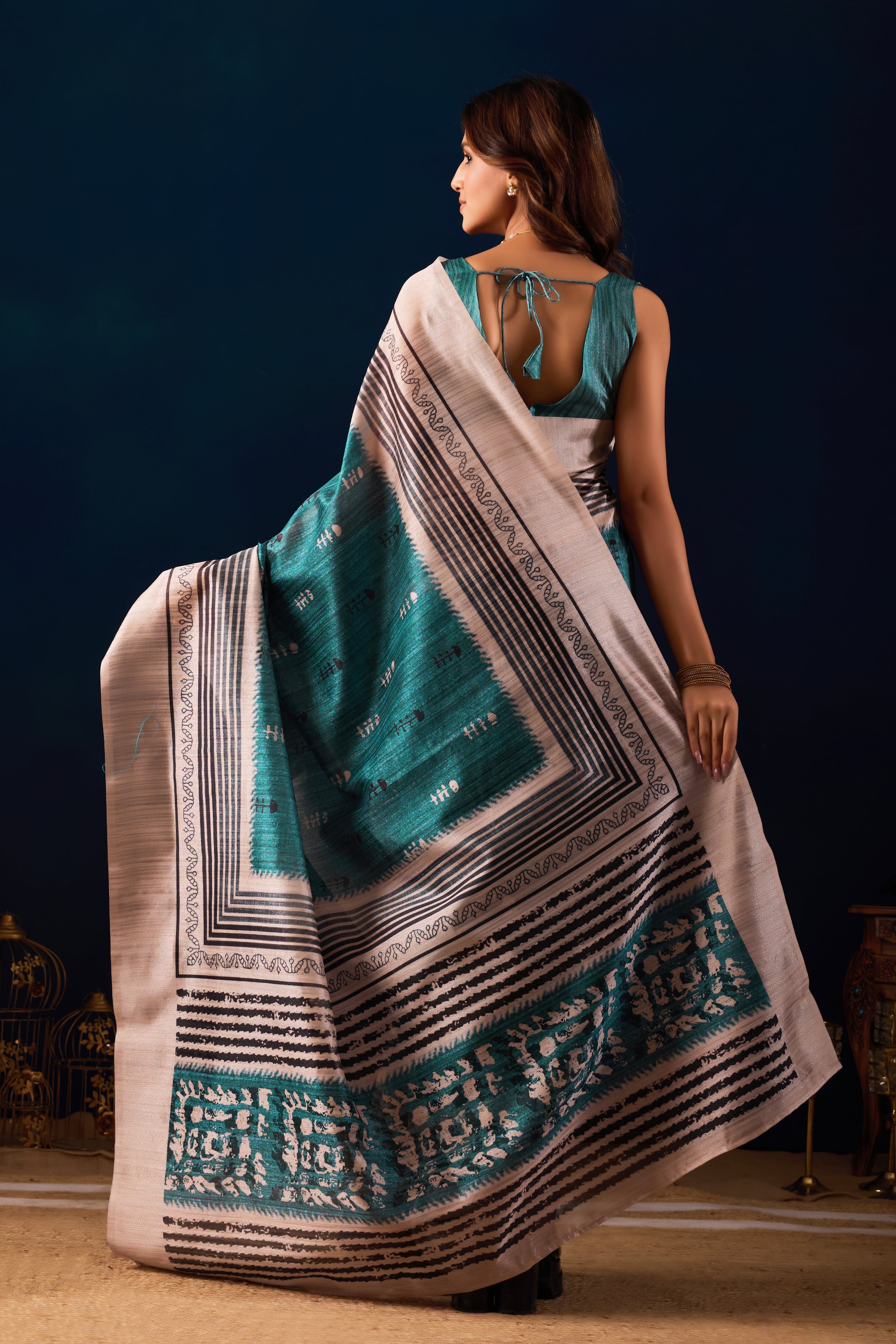 Contemporary Hand-Block Print Saree in Teal and Cream.
