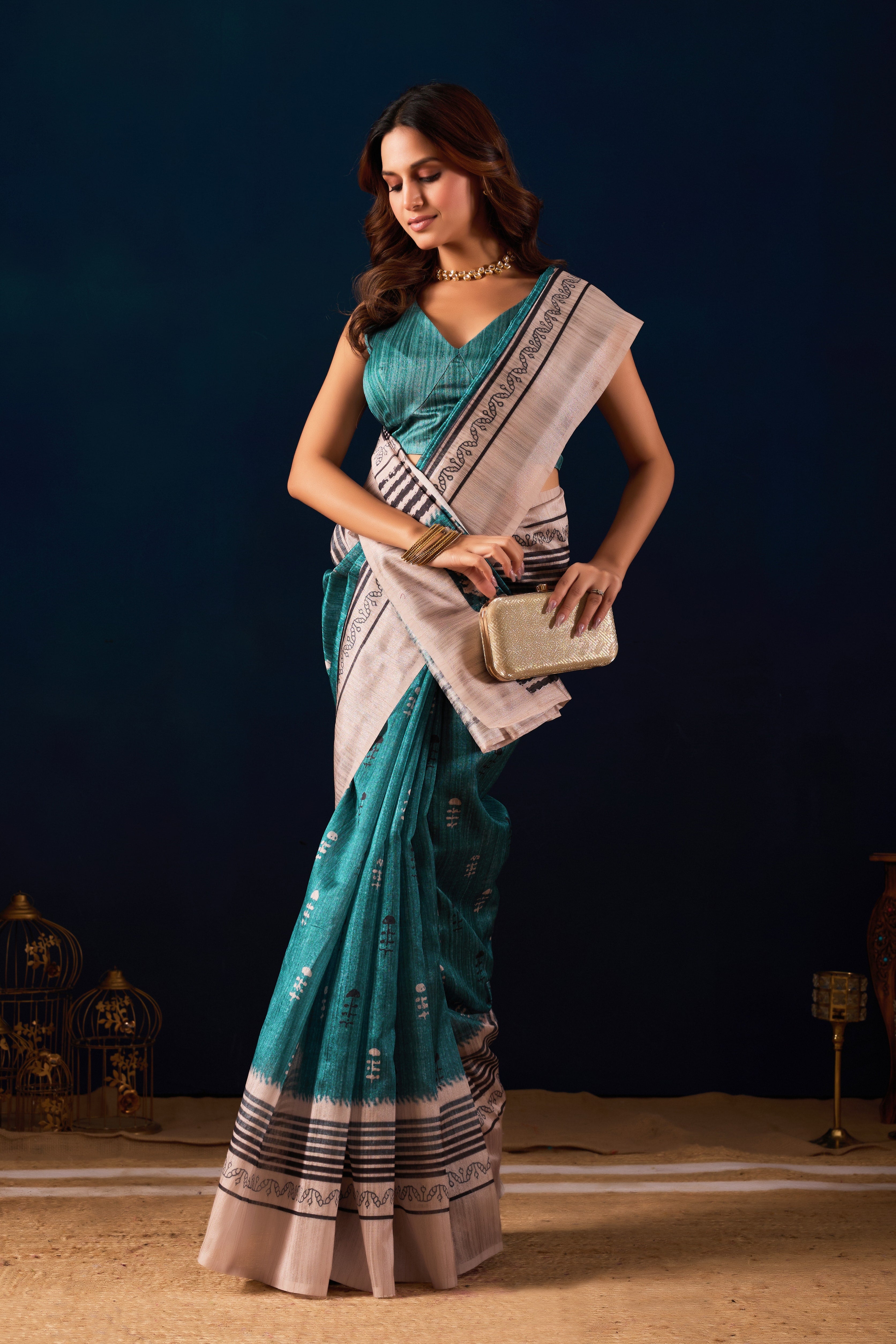 Contemporary Hand-Block Print Saree in Teal and Cream.
