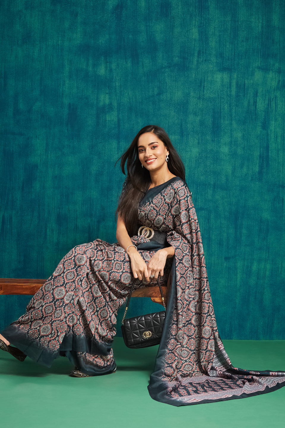 Ajrakh Printed Muslin Cotton Ready To Wear Pocket Saree