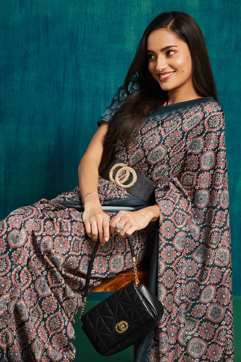 Ajrakh Printed Muslin Cotton Ready To Wear Pocket Saree