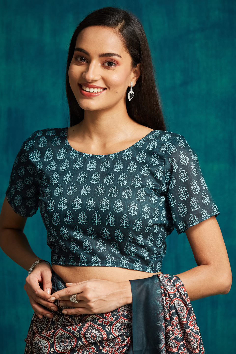 Ajrakh Printed Muslin Cotton Ready To Wear Pocket Saree