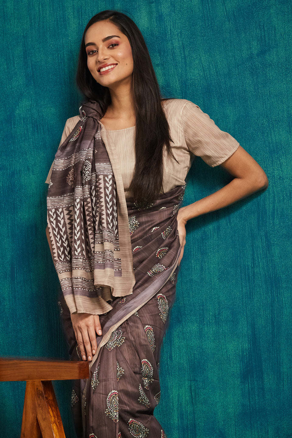 Paisley Printed Muslin Cotton Ready To Wear Pocket Saree