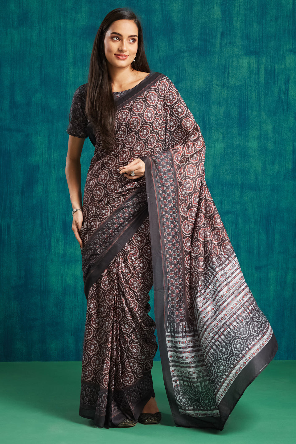 Ajrakh Prints Muslin Cotton Ready To Wear Pocket Saree