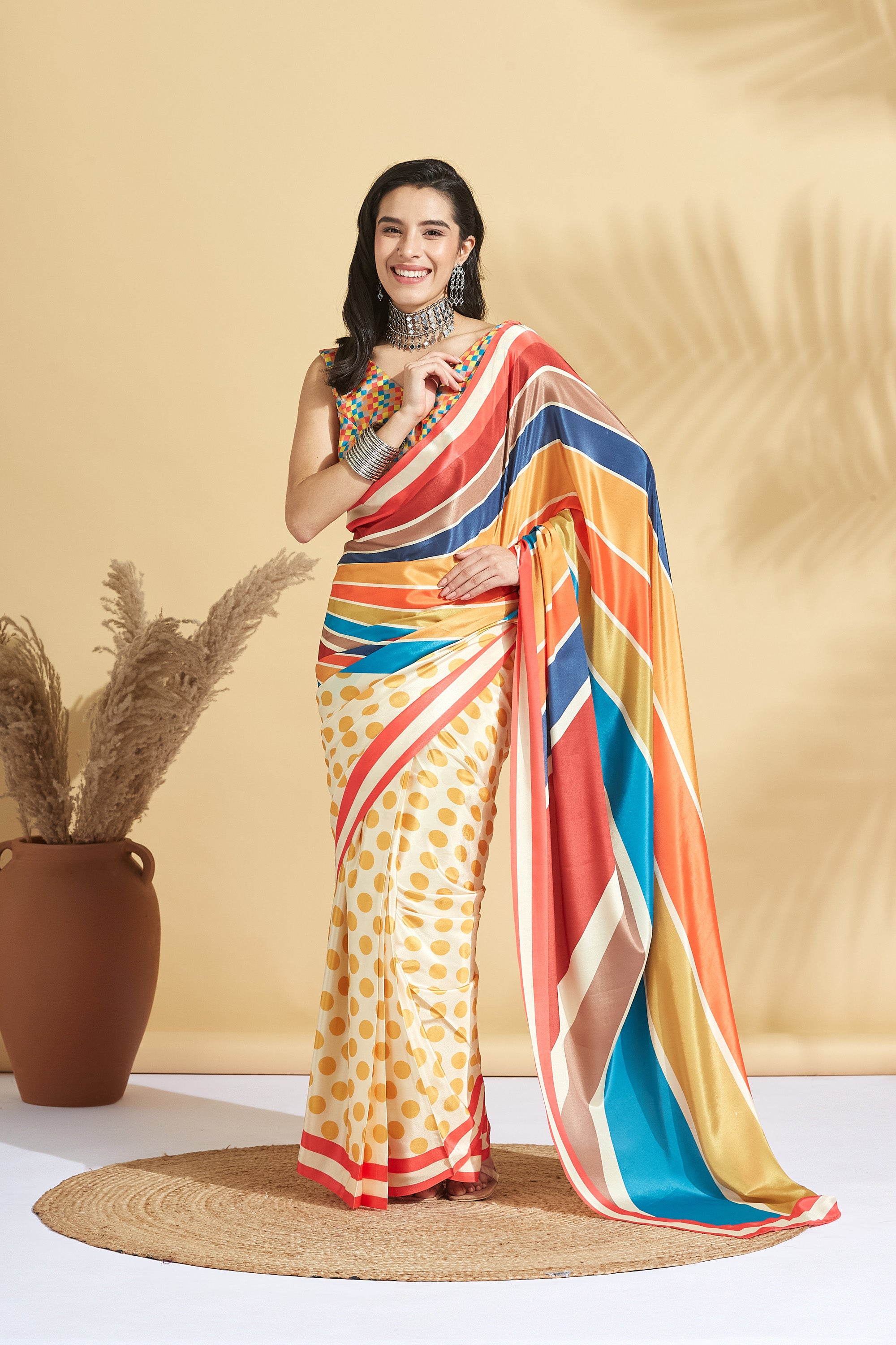 Digital Print Polka Dots Color Stripes Satin Crape  Saree