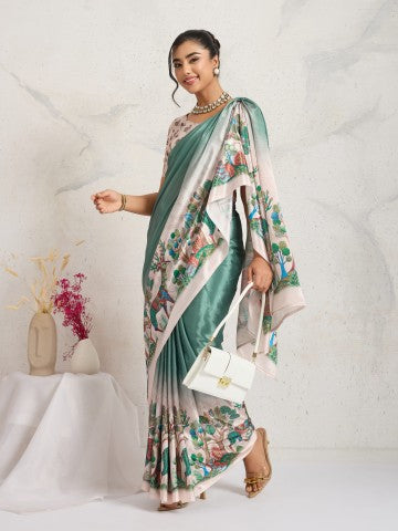 Grey Floral Printed Satin Party Wear Saree