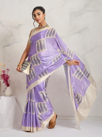Purple Paisley Printed Satin Party Wear Designer Saree