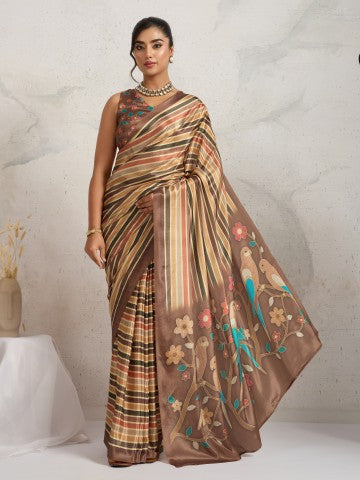 Brown Floral Printed Satin Party Wear Designer Saree